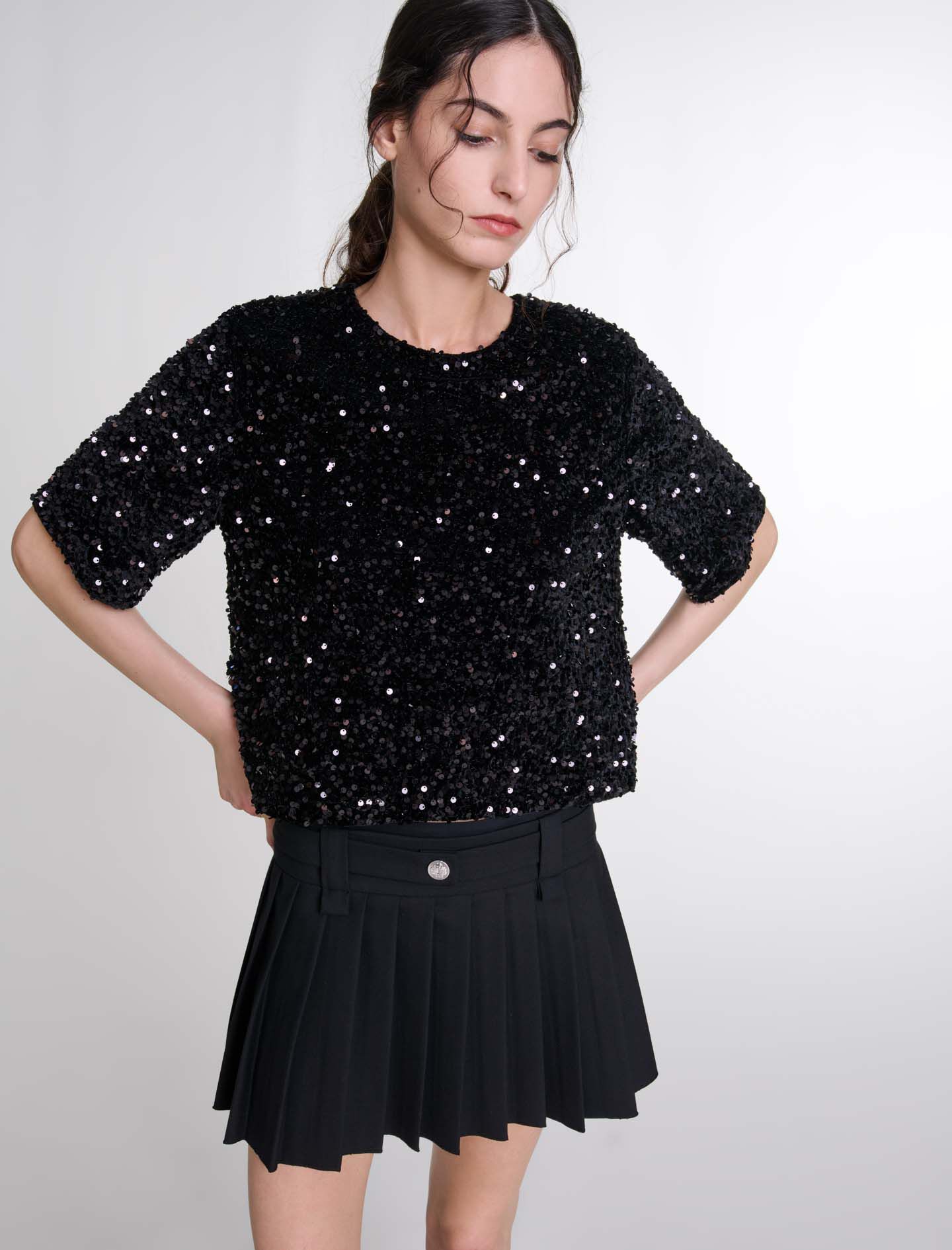 Sequinned velvet top Black / Gray For Women | Maje