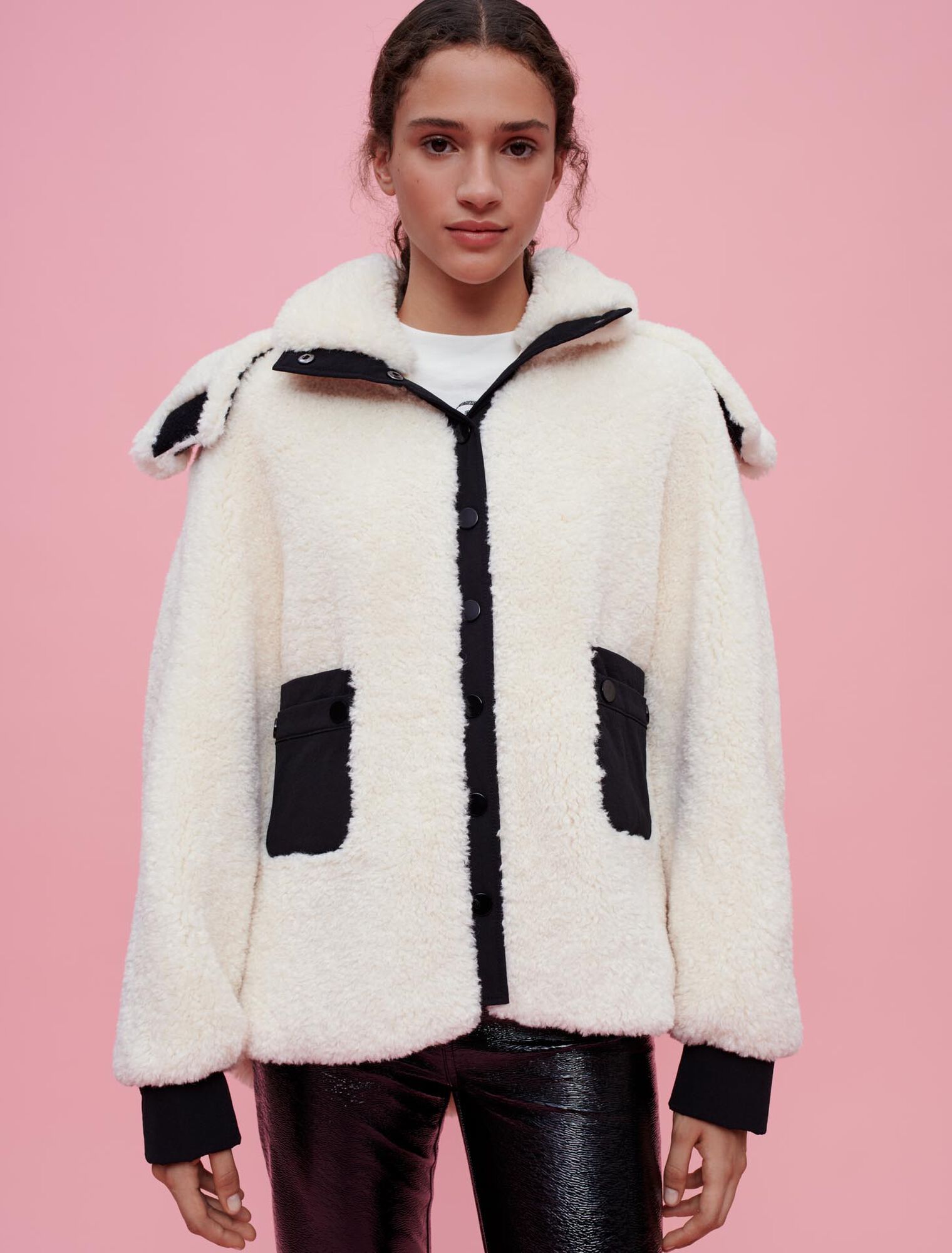 Faux fur and vinyl coat