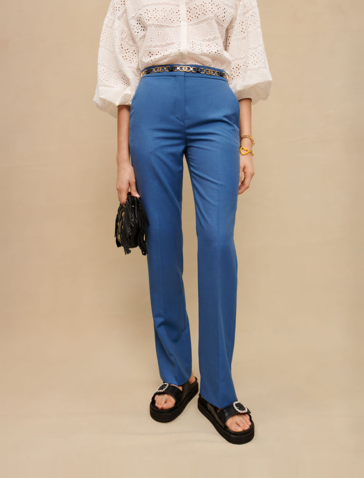 Blue straight-cut tailored trousers