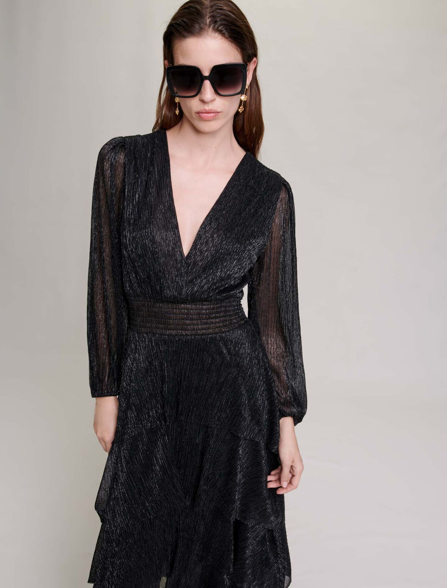 Pleated stretch lamé dress with ruffles