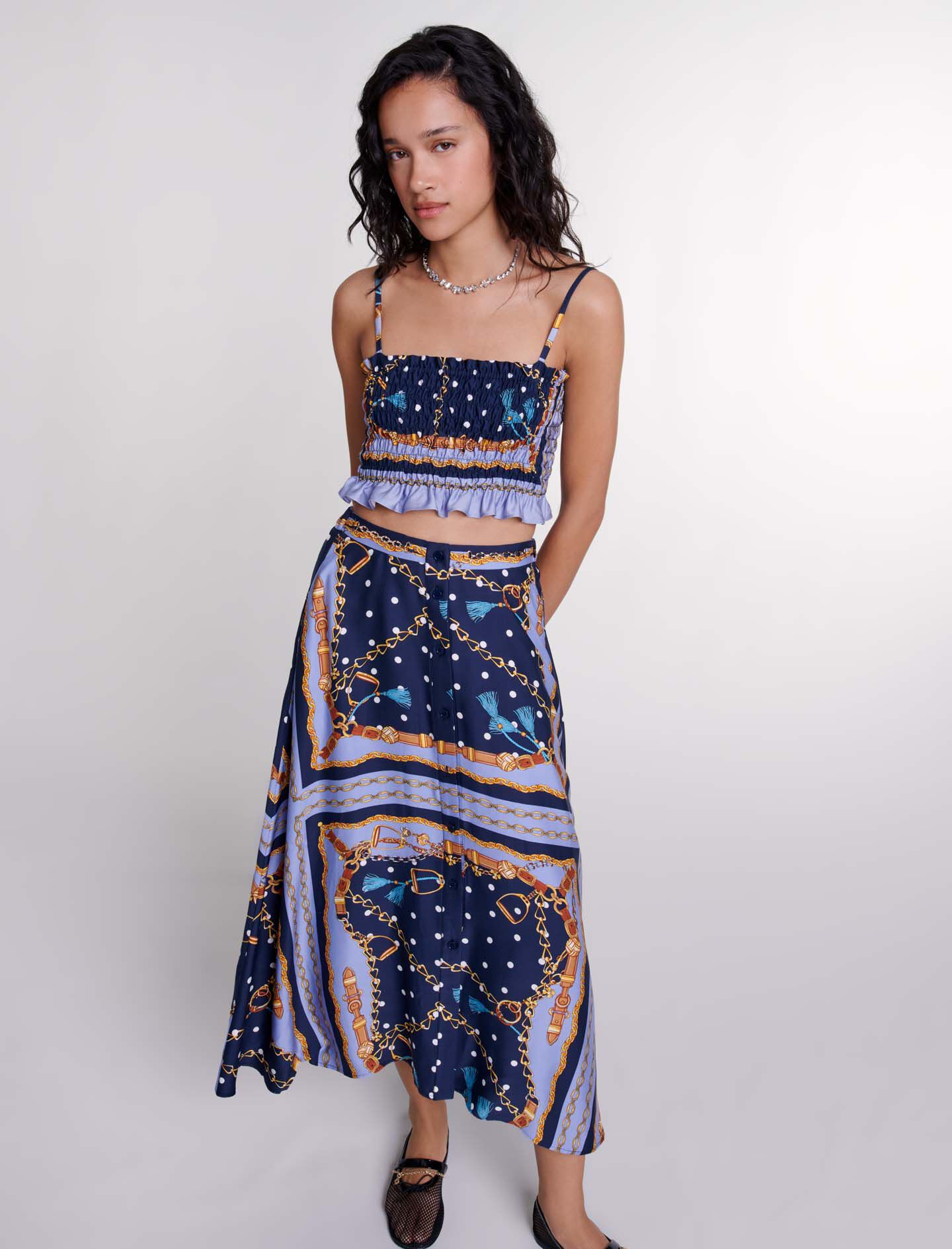Satin-effect patterned short skirt Blue For Women | Maje