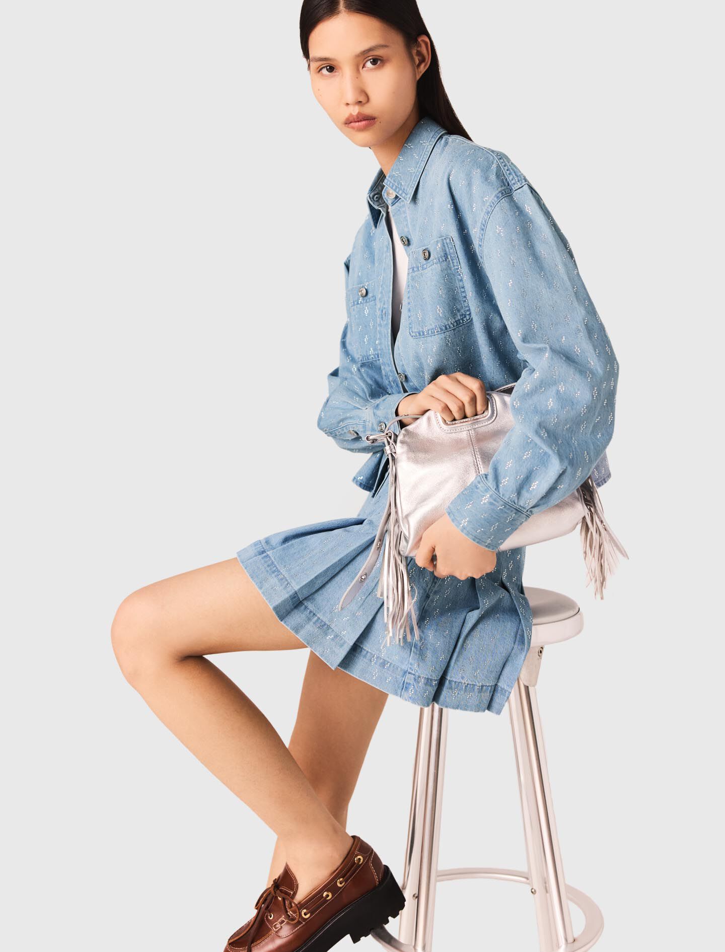 ❣mazyo❣ Checked rhinestone cropped shirt Blue For Women | Maje