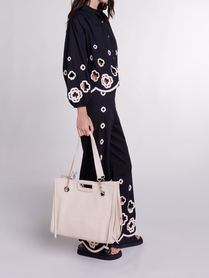 Raffia-effect textile tote bag