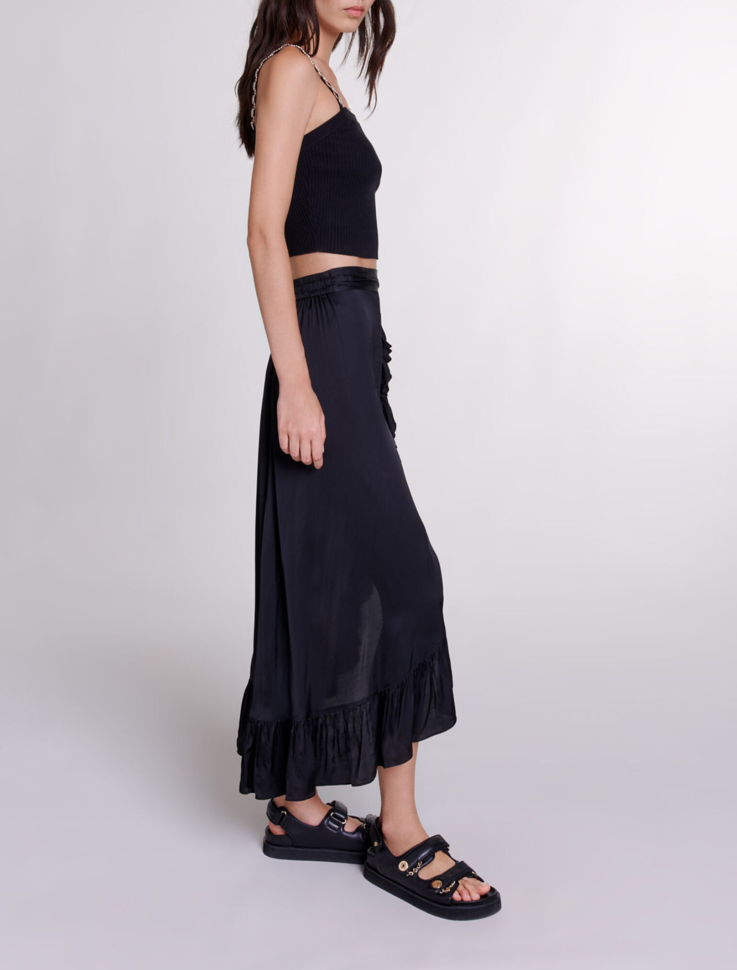 Long satin-effect ruffled skirt