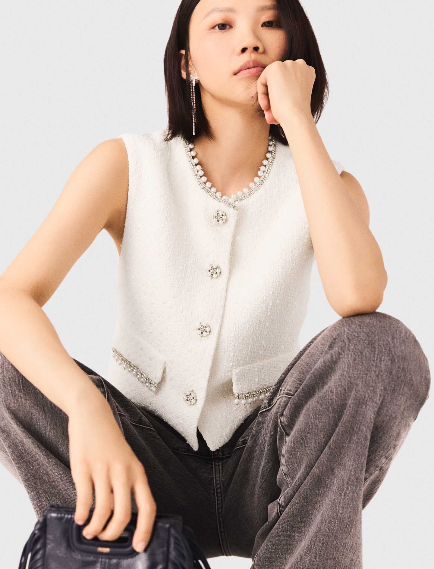 Tweed vest with pearl trim White For Women | Maje