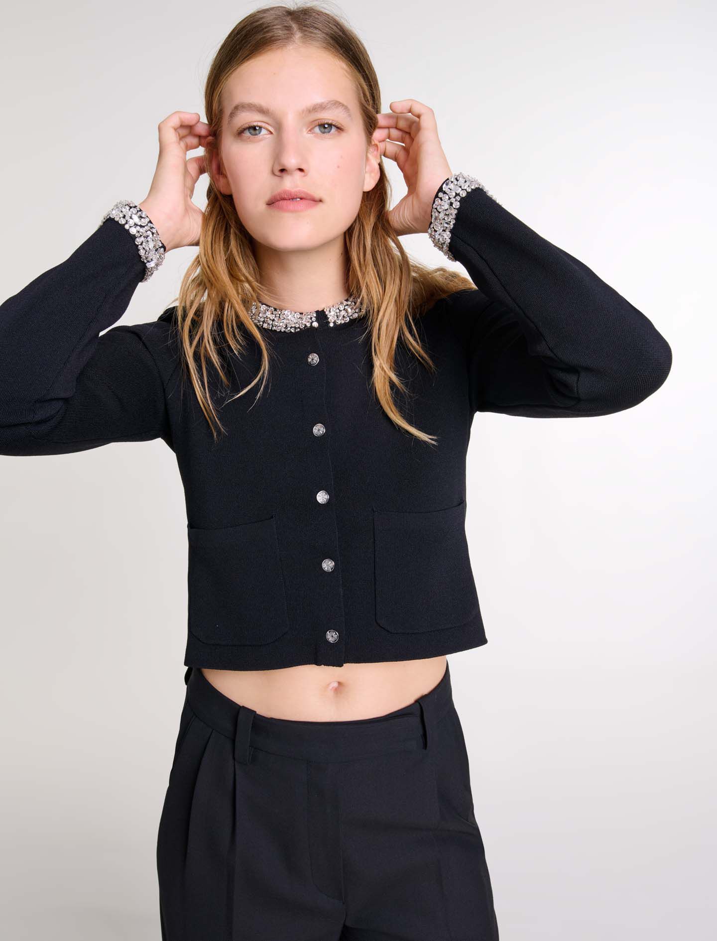 Cardigan with rhinestone trim Black / Gray For Women | Maje Cardigan with rhinestone trim Black / Gray For Women | Maje