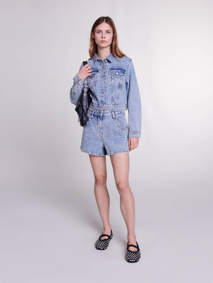 Diamanté and jacquard denim shorts