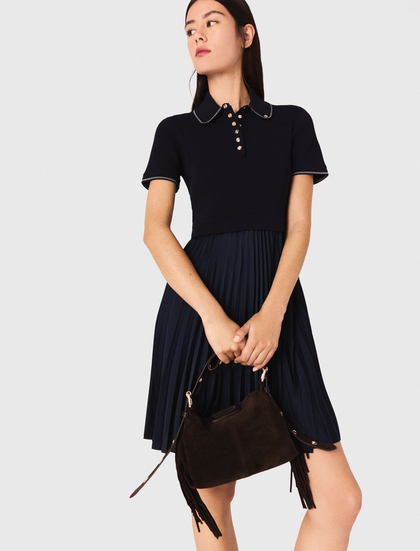 Short pleated polo collar dress Blue For Women | Maje