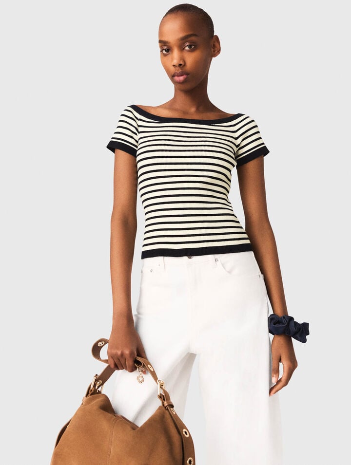 Rib knit short sleeve boat neck top