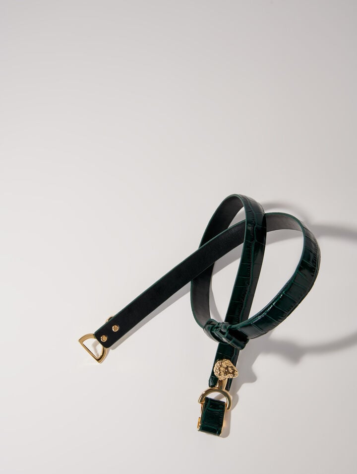 Thin leather belt with lion bit