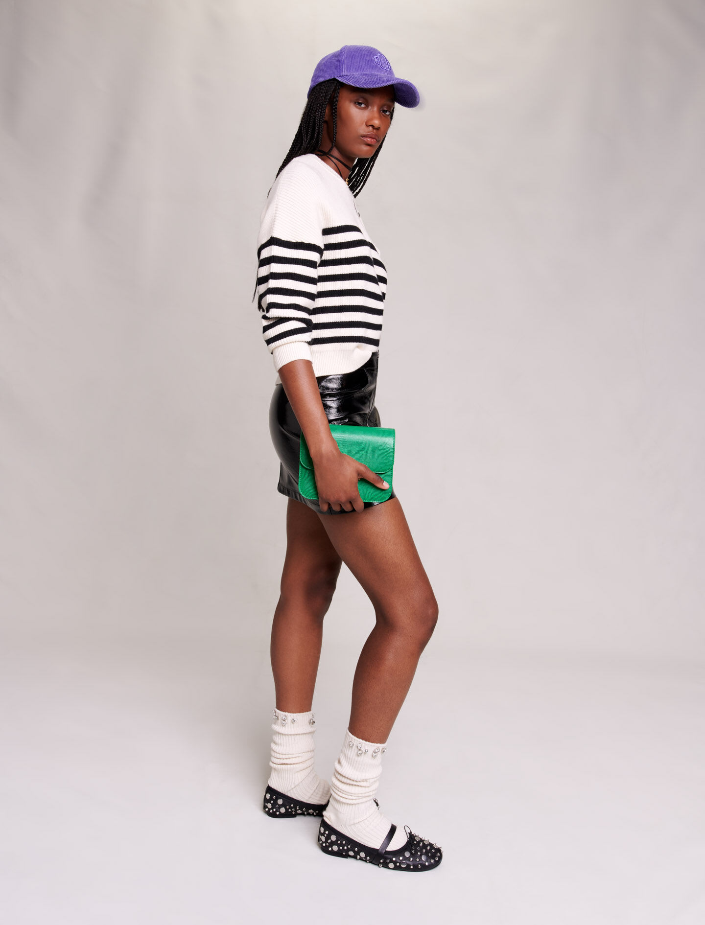 mame　Double-Layer Stripe Jersey Pullover Crop Sweater in Multicolor Ivory for Women | La DoubleJ