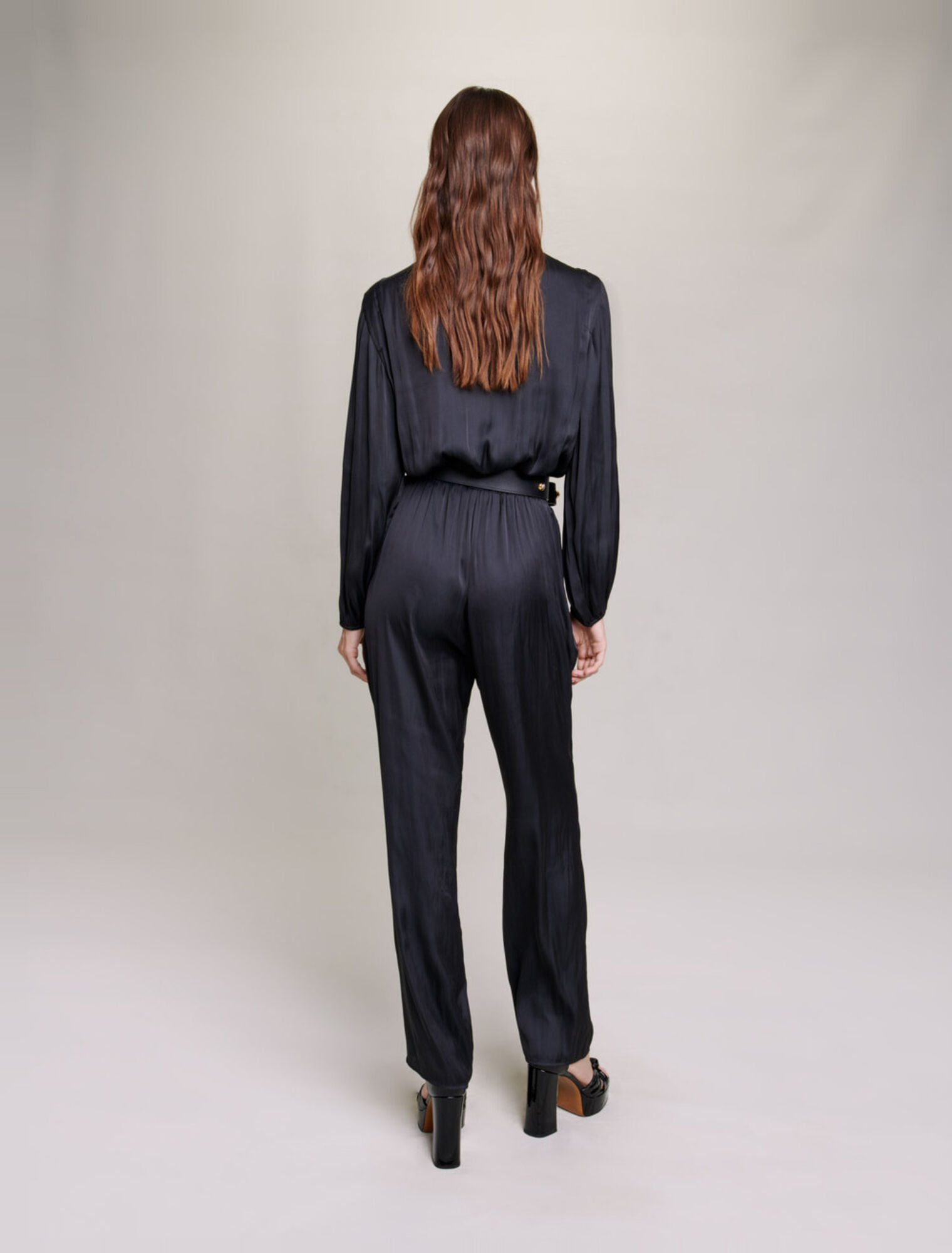 Long black cinched jumpsuit