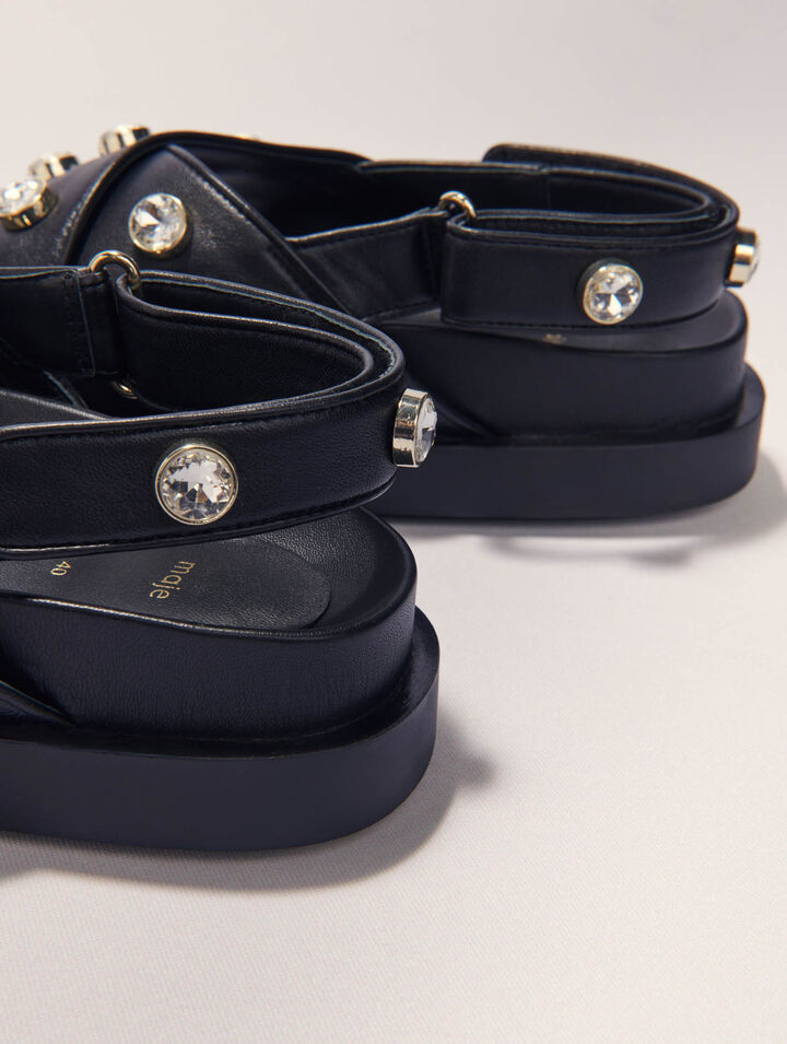 Flat leather and rhinestone sandals