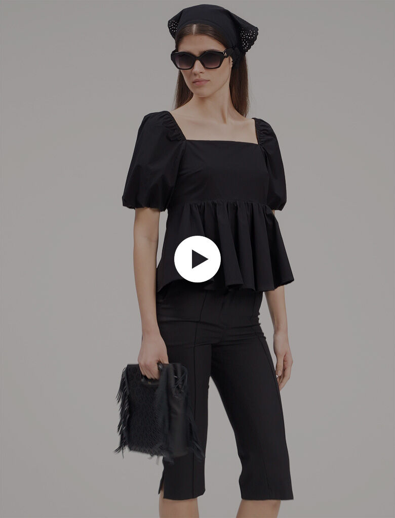 Poplin top with balloon sleeves Black / Gray For Women | Maje