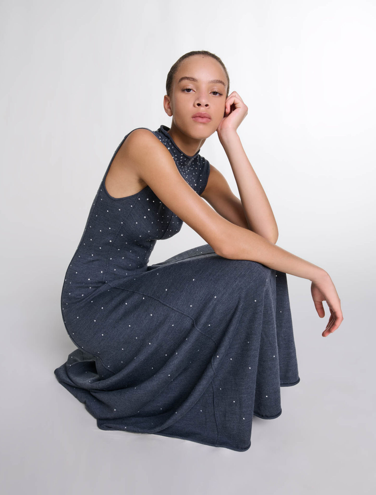 Knit maxi dress with rhinestones