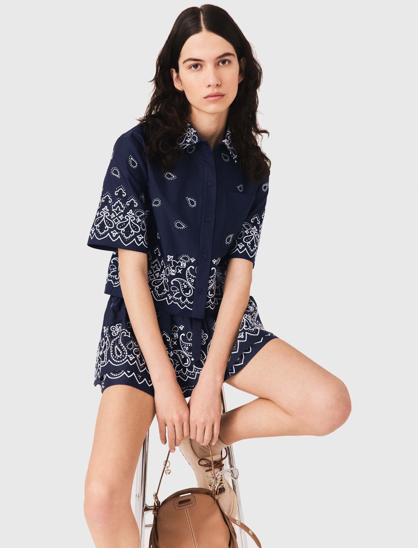 Cropped embroidered taffeta shirt Blue For Women | Maje