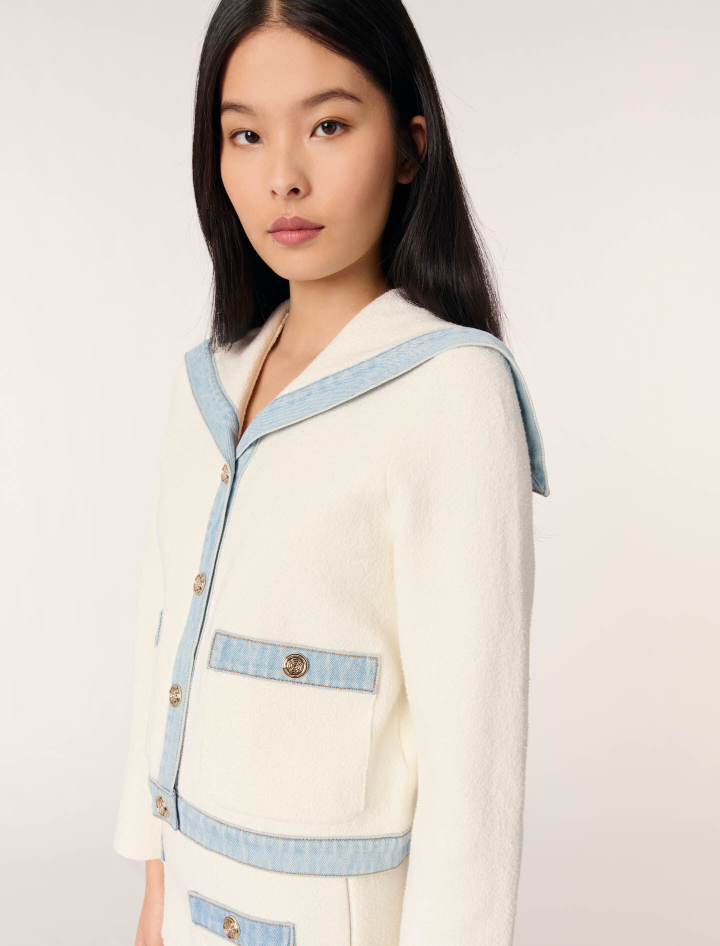 Crew-neck denim-detail cardigan White For Women | Maje