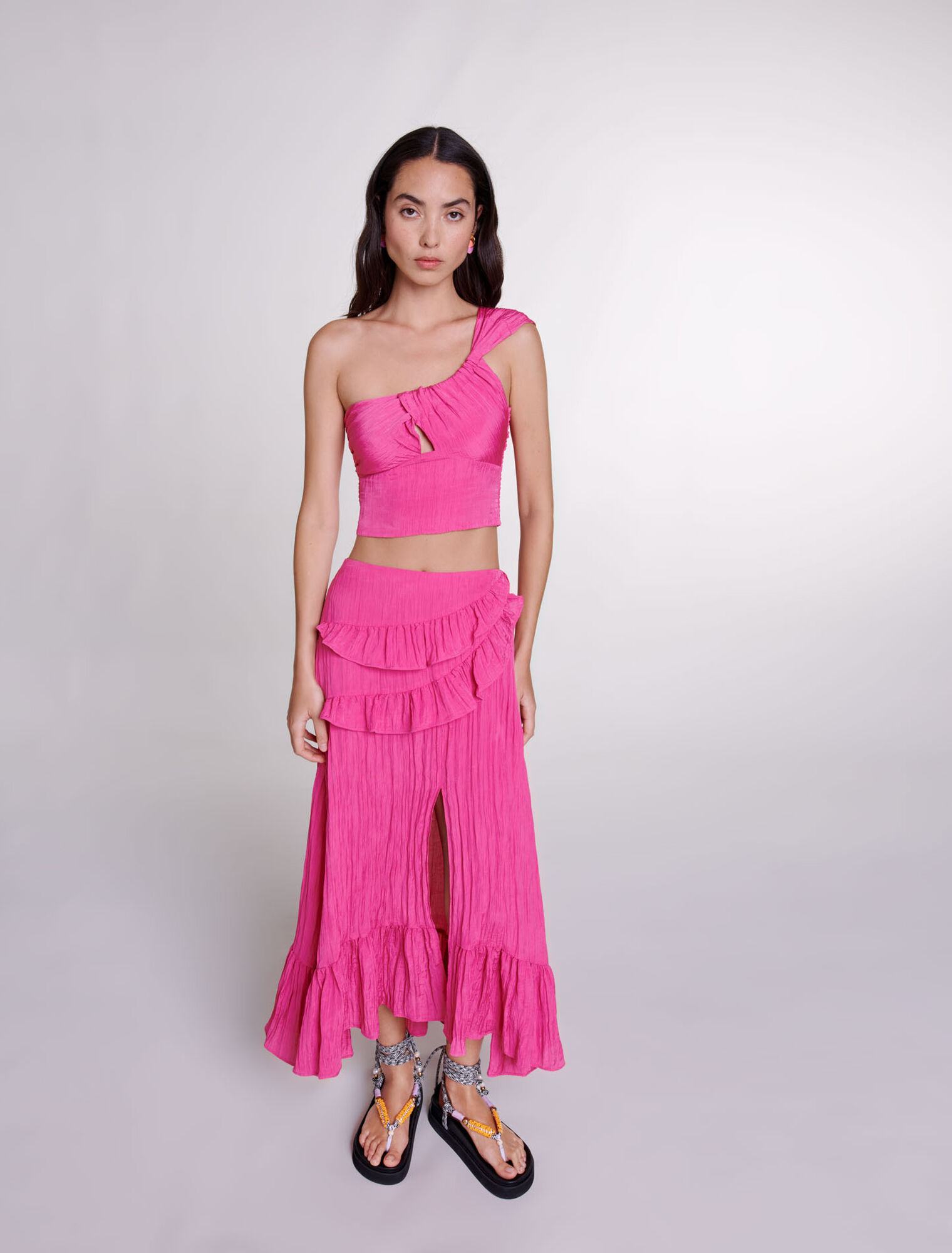 Long satin-effect crinkle skirt