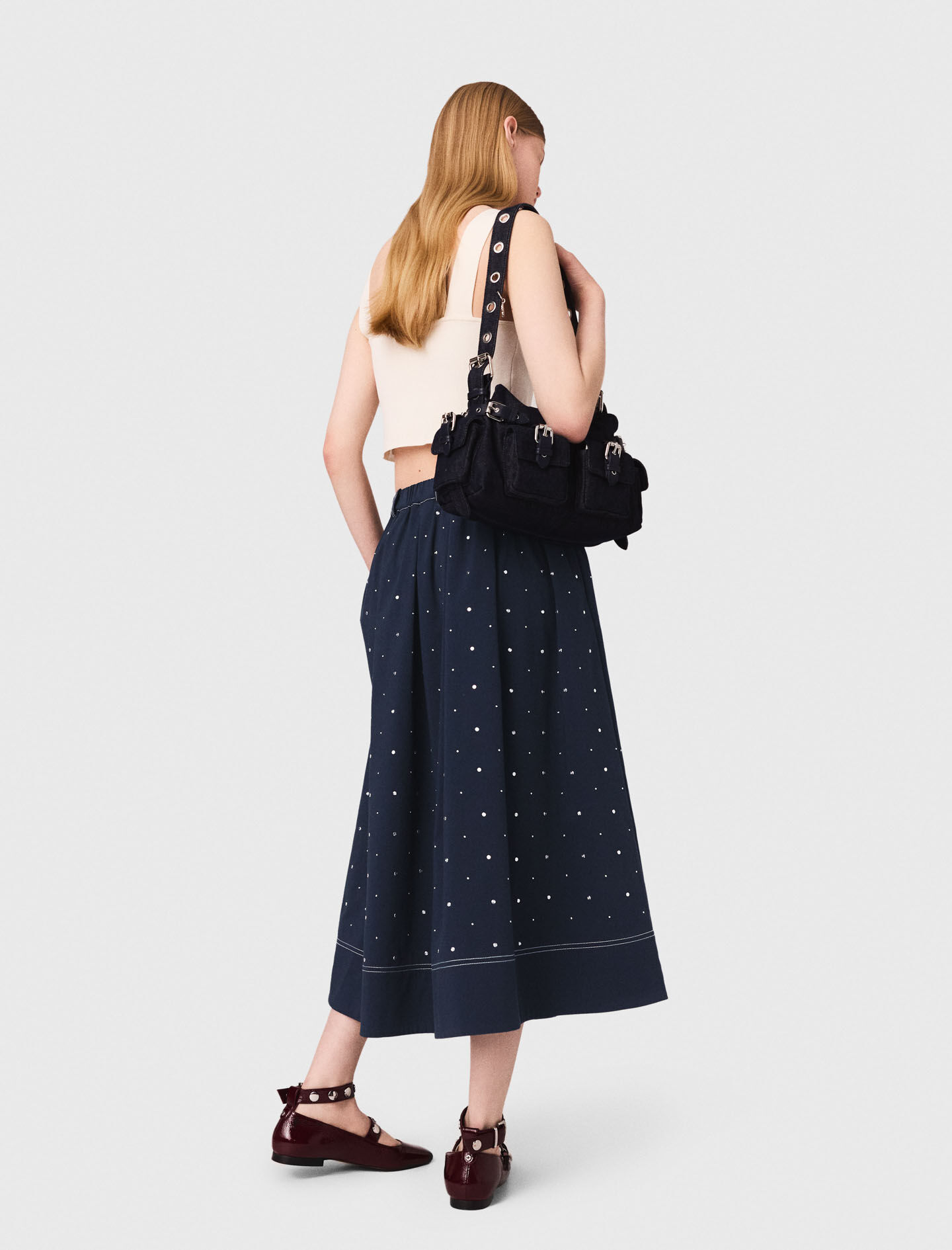 Studded flared cotton skirt Blue For Women | Maje