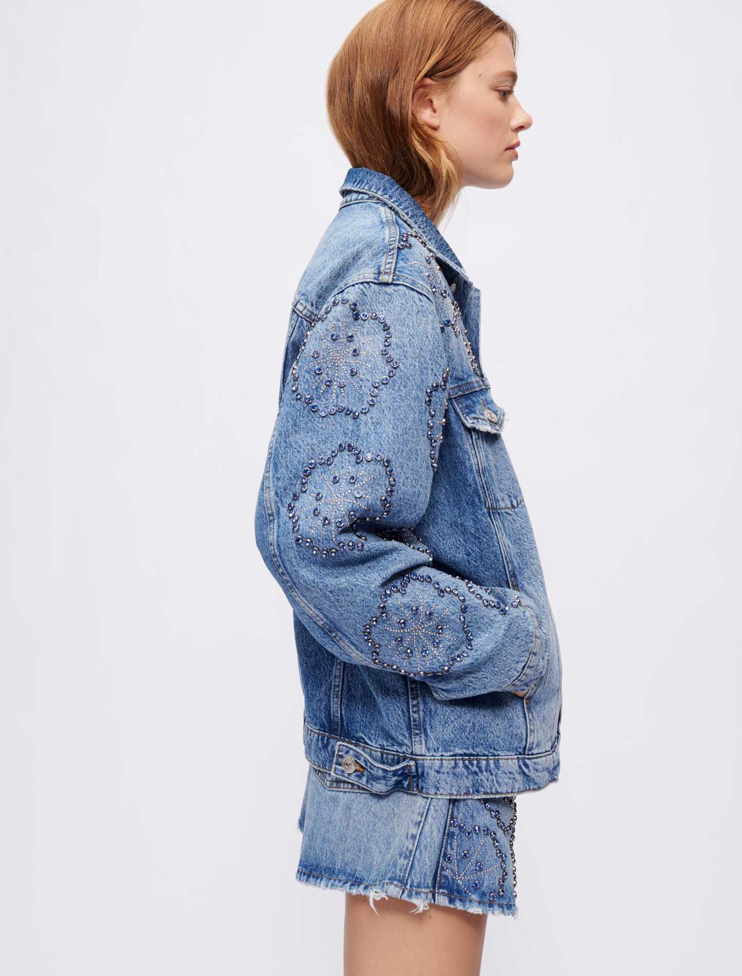 Wide denim jacket with rhinestones