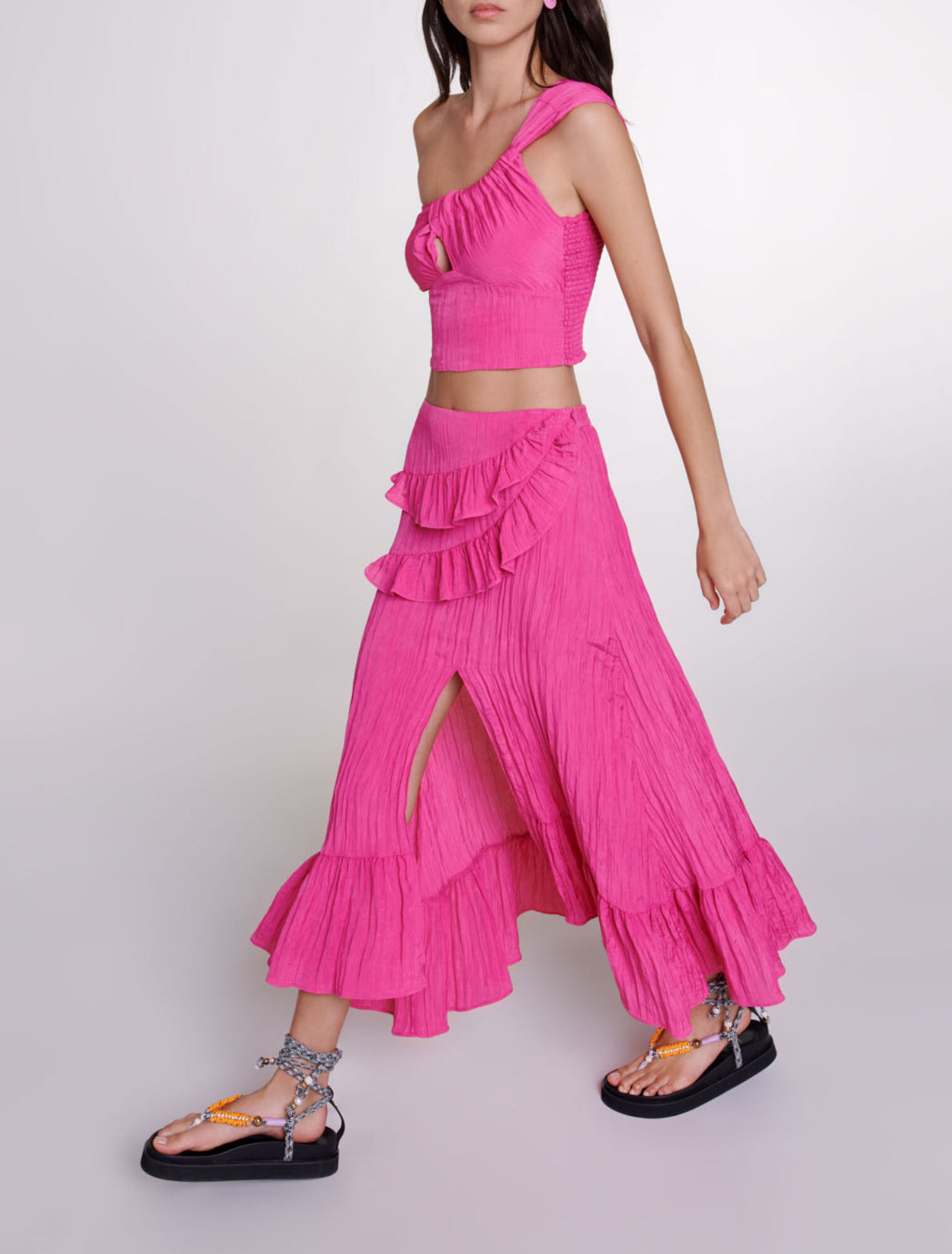 Long satin-effect crinkle skirt