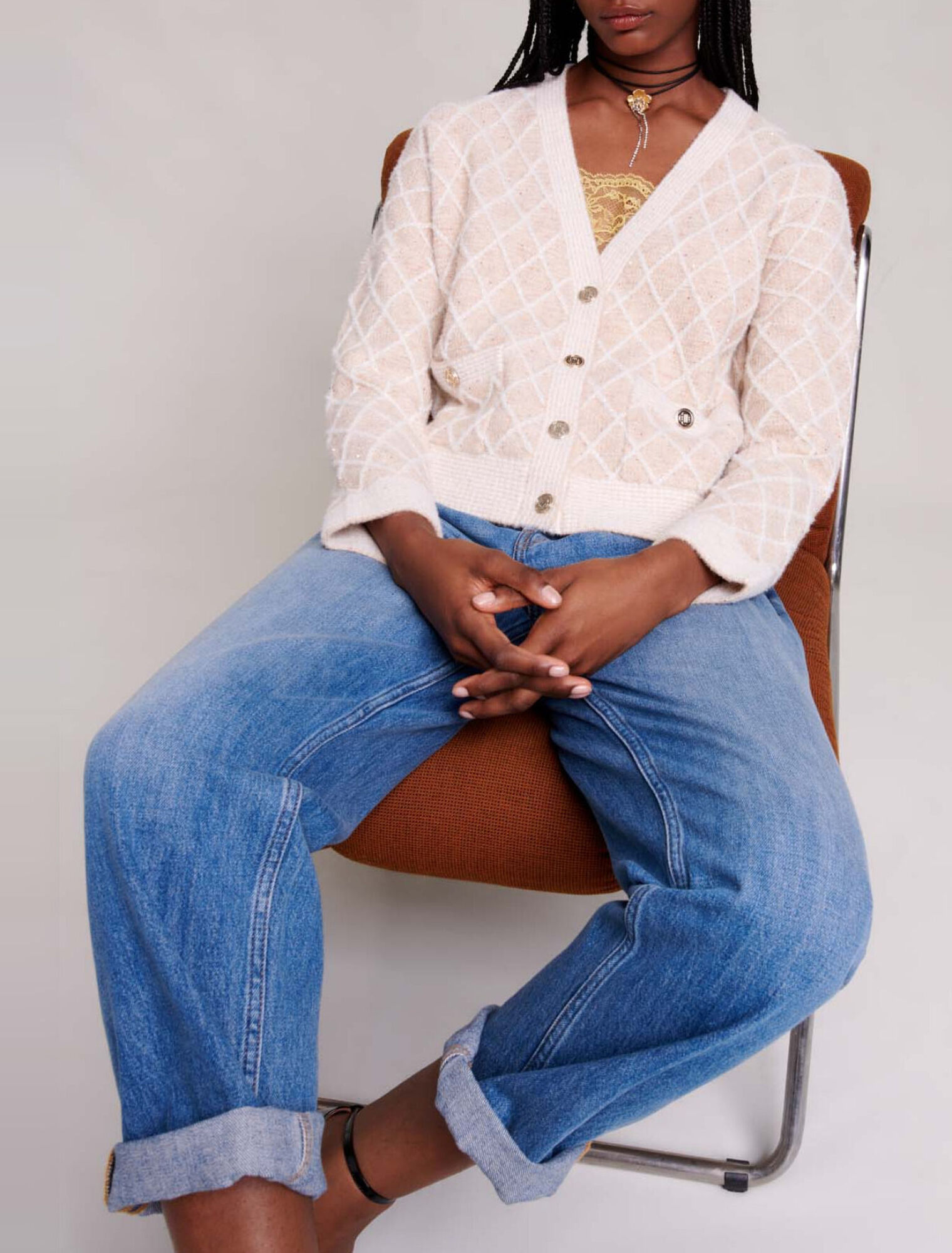 Cardigan en maille &agrave; carreaux