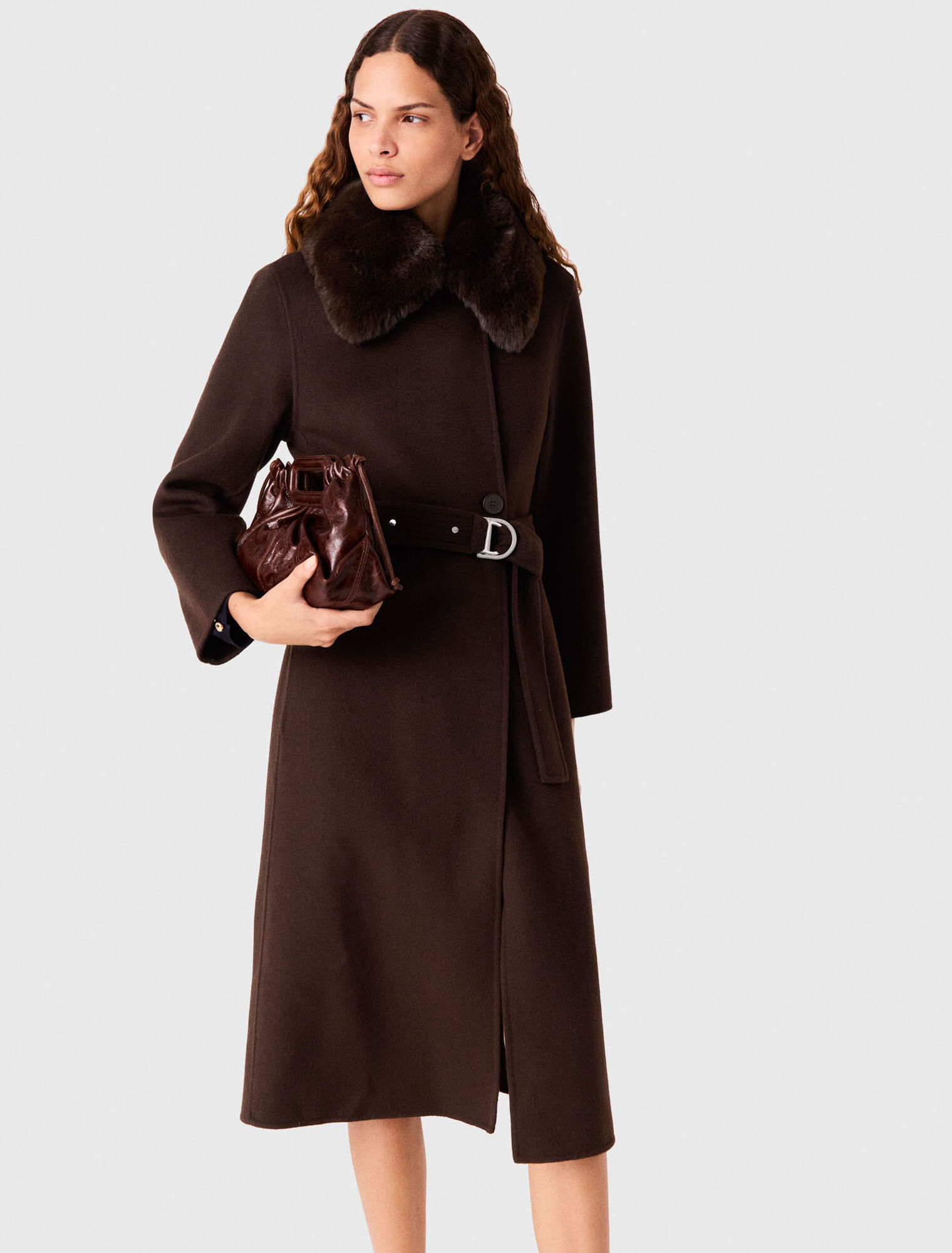 Long coat with faux fur collar