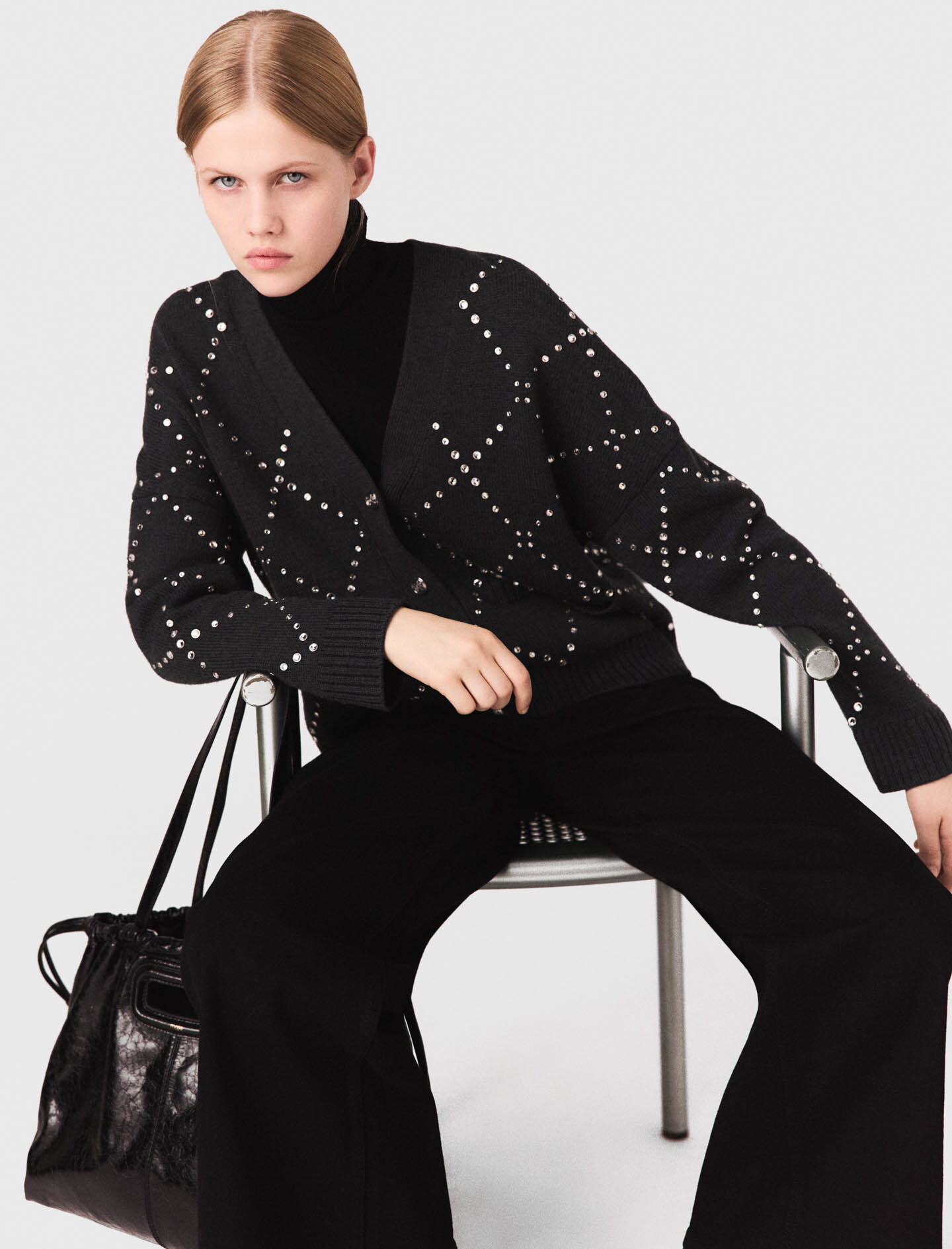 Rhinestone check cardigan Black / Gray For Women | Maje