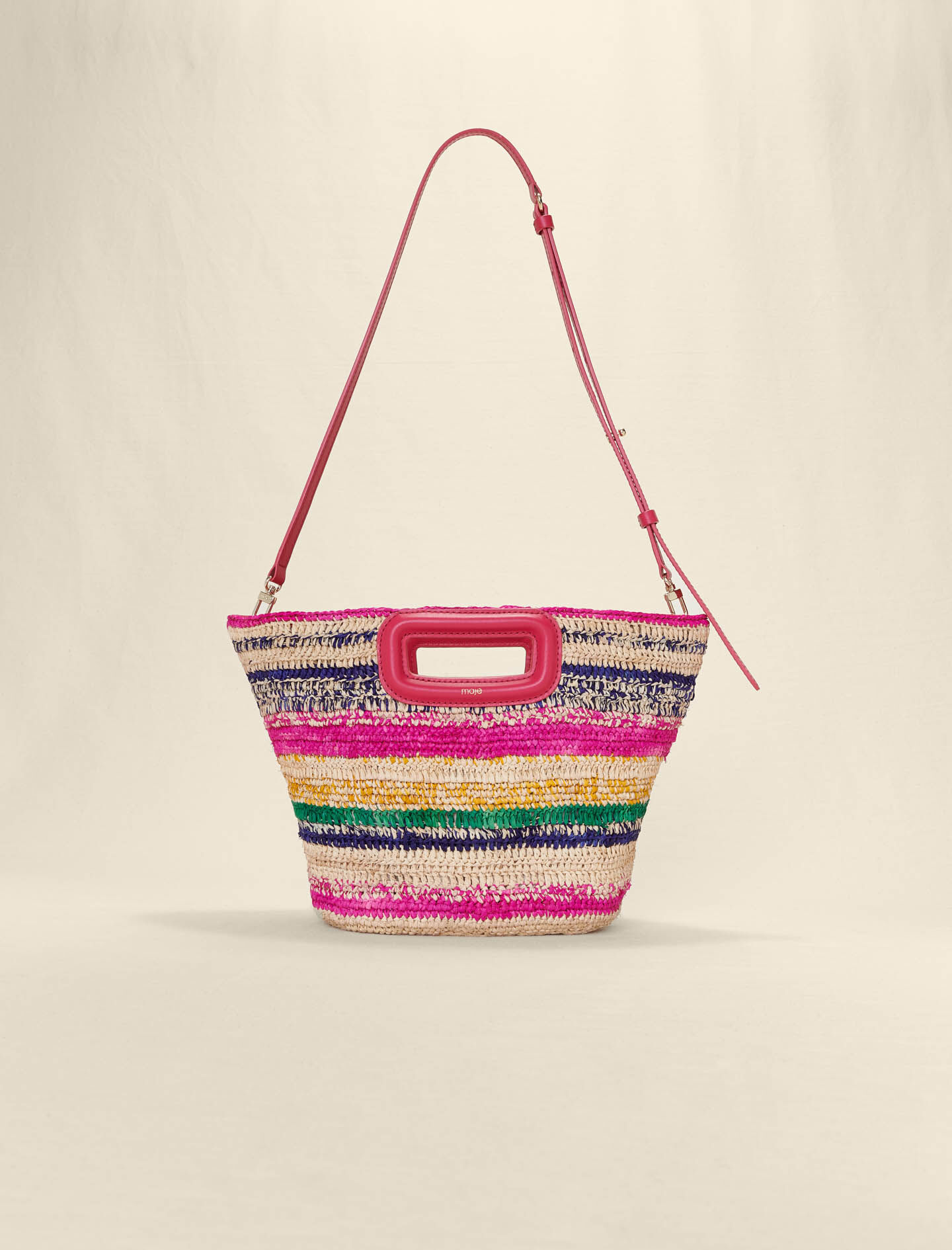 【MAJE】ミニサイズ ラフィアバスケットバッグ 2WAYハンドル付き Mini striped raffia basket Pink For Women | Maje