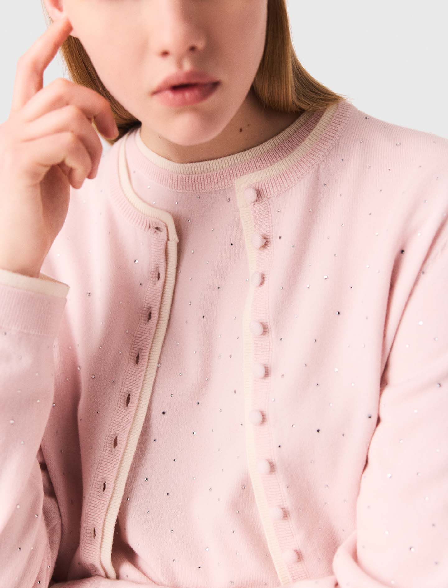 mayuslピンク 100% wool cardigan with rhinestones Pink For Women | Maje