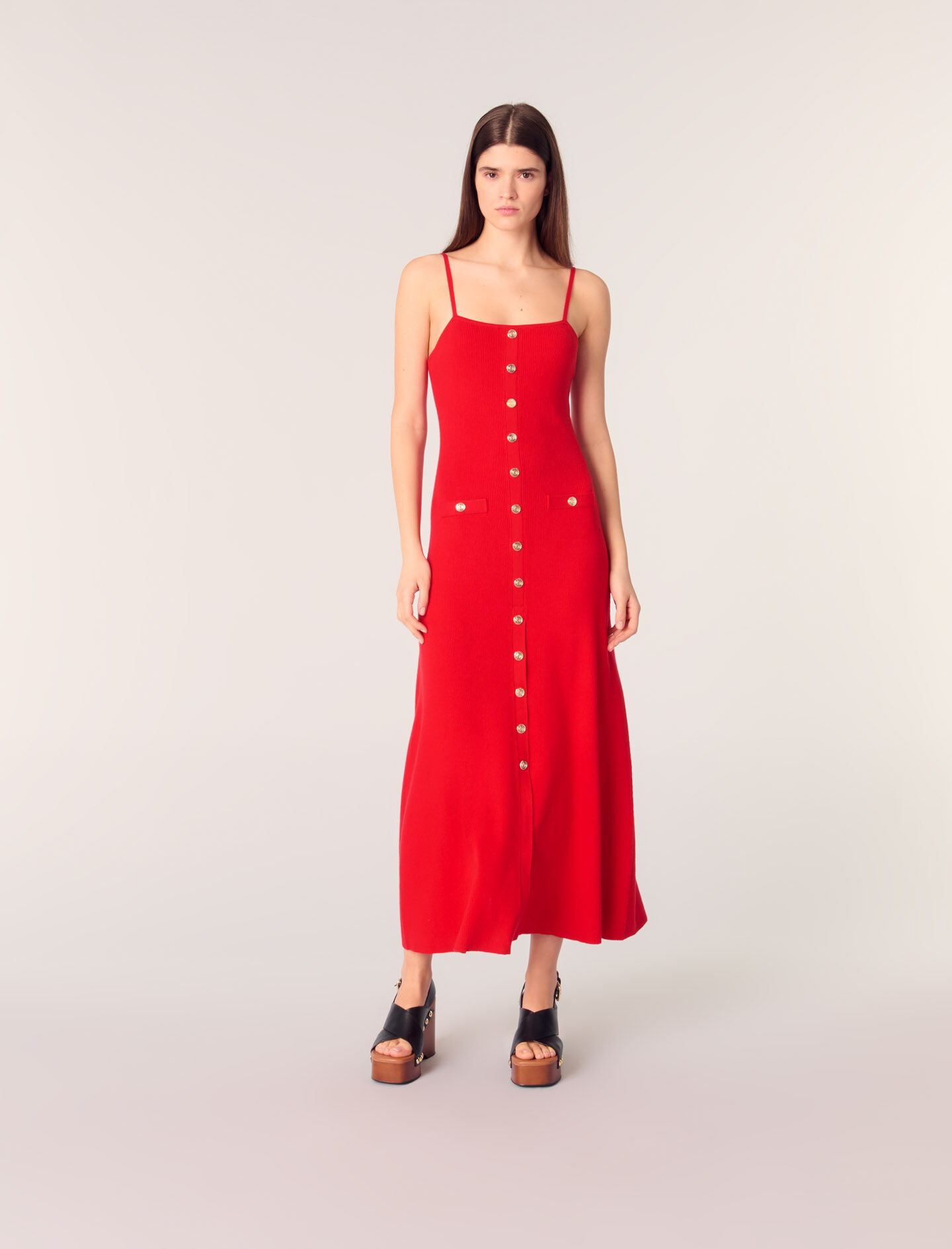 【関税込み】LE17SEPTEMBRE レッド ニット マキシワンピース Rib knit maxi dress Red For Women | Maje