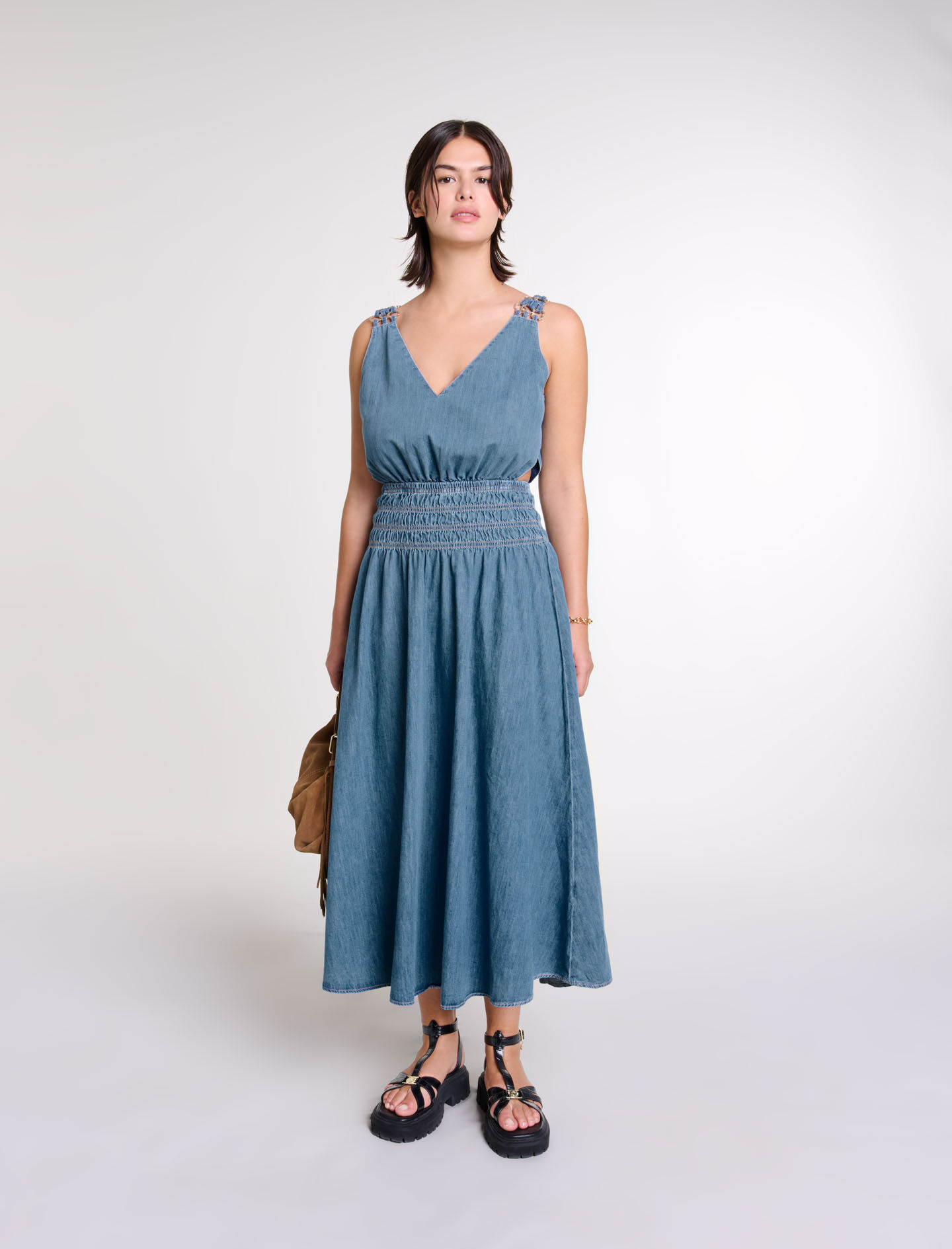 Ameri（アメリ）の「DENIM LIKE PLEATS DRESS（ワンピース