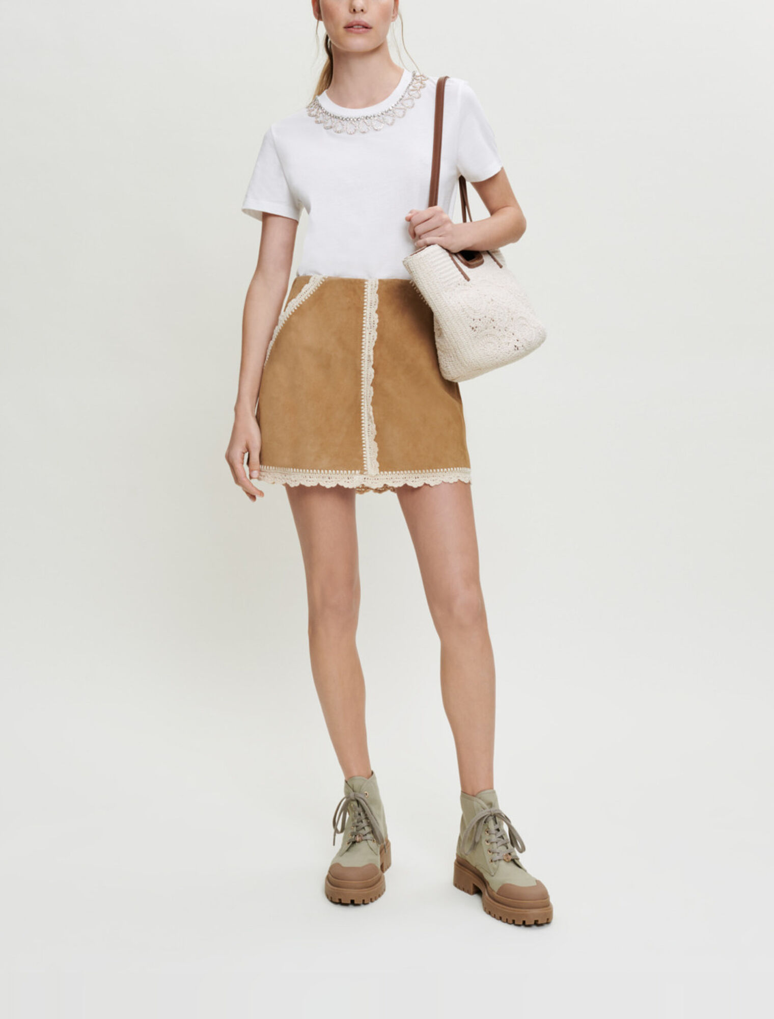 Suede skirt with crochet trim