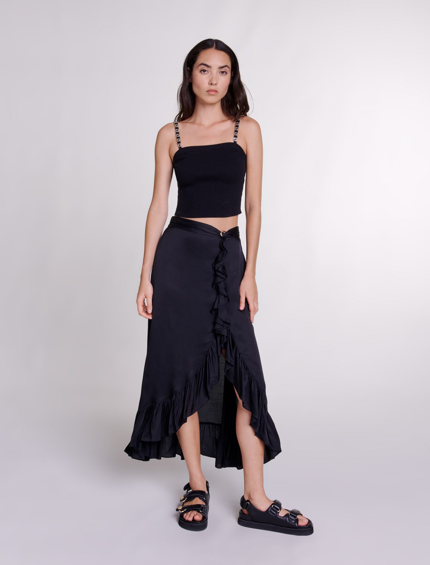 Long satin-effect ruffled skirt Black / Gray For Women | Maje