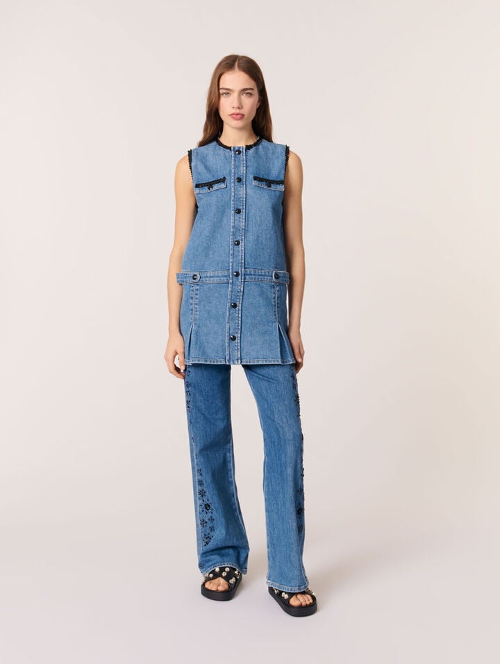 Denim dress with embroidered trim