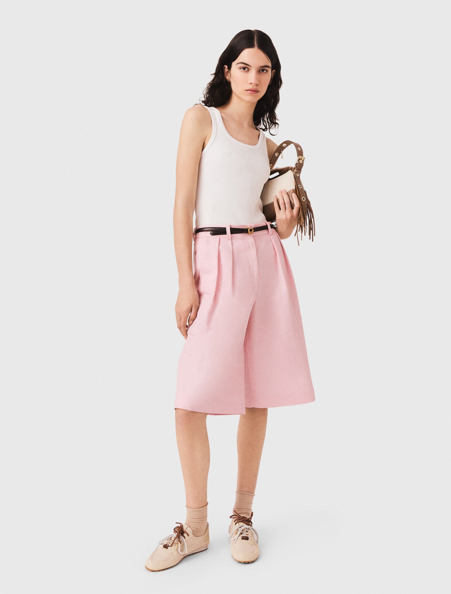Pleated linen blend Bermuda shorts