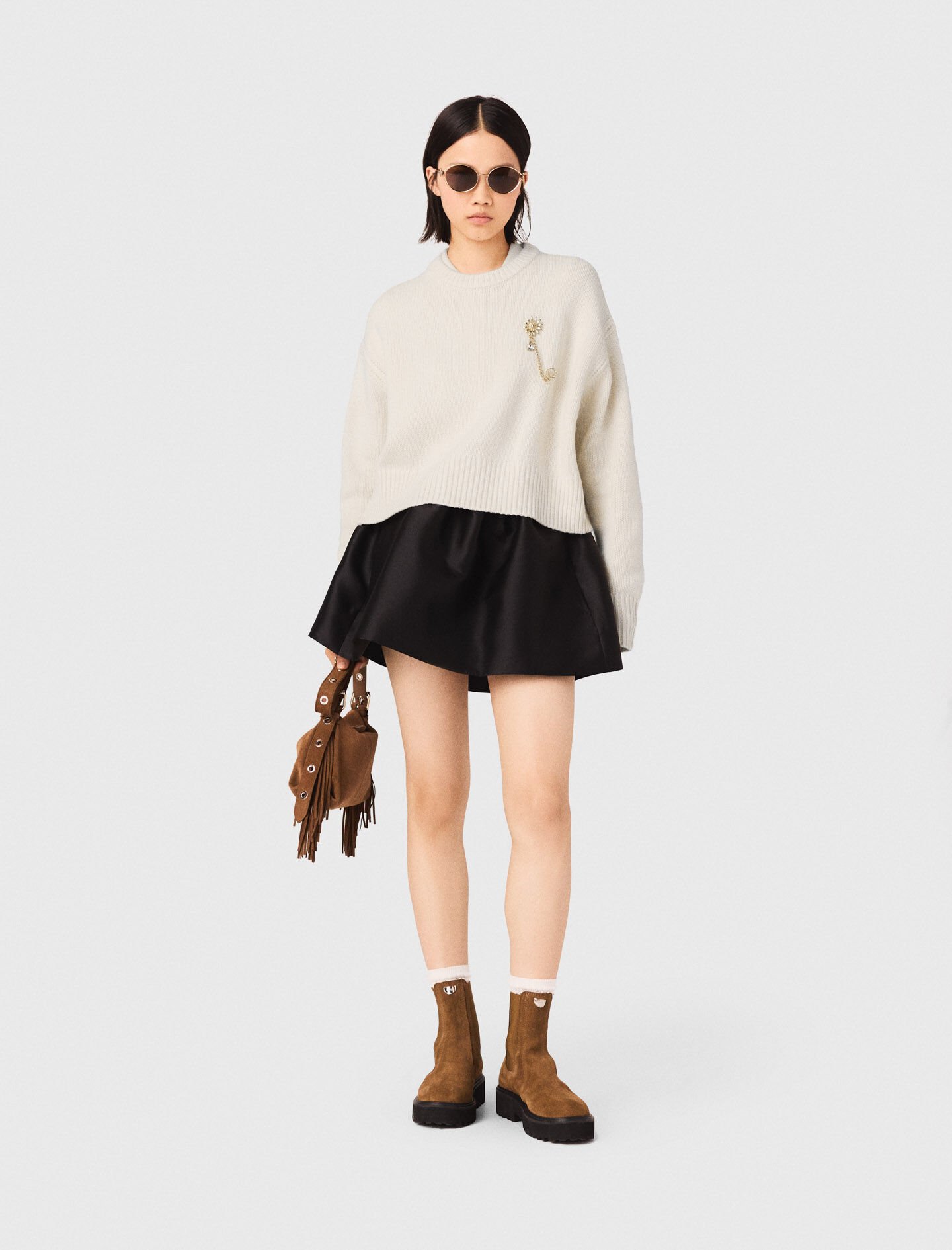 Jumper with floral brooch White For Women | Maje