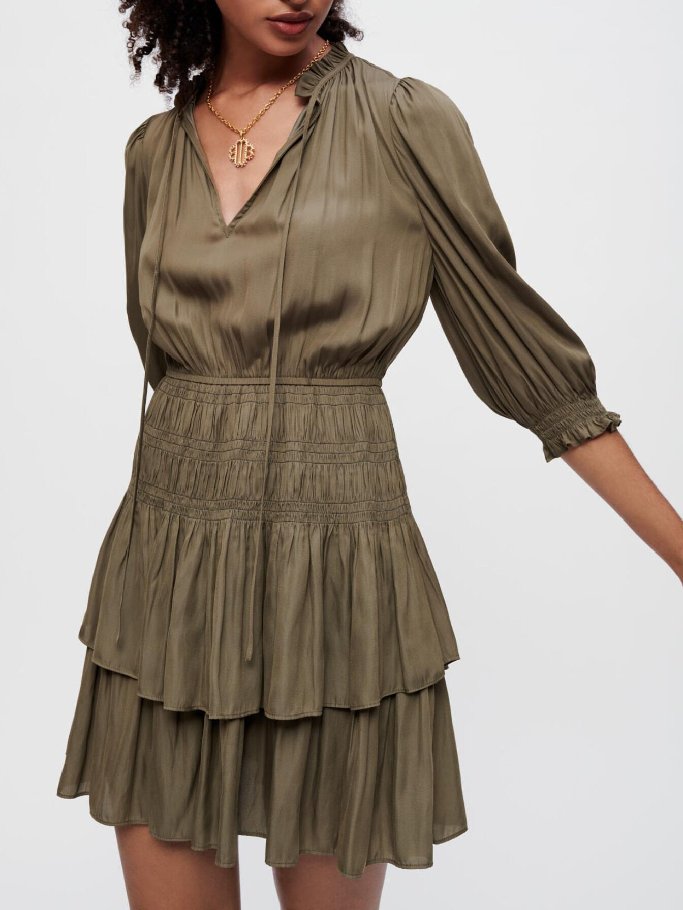 Satin dress with smocking and ruffles Brown For Women | Maje