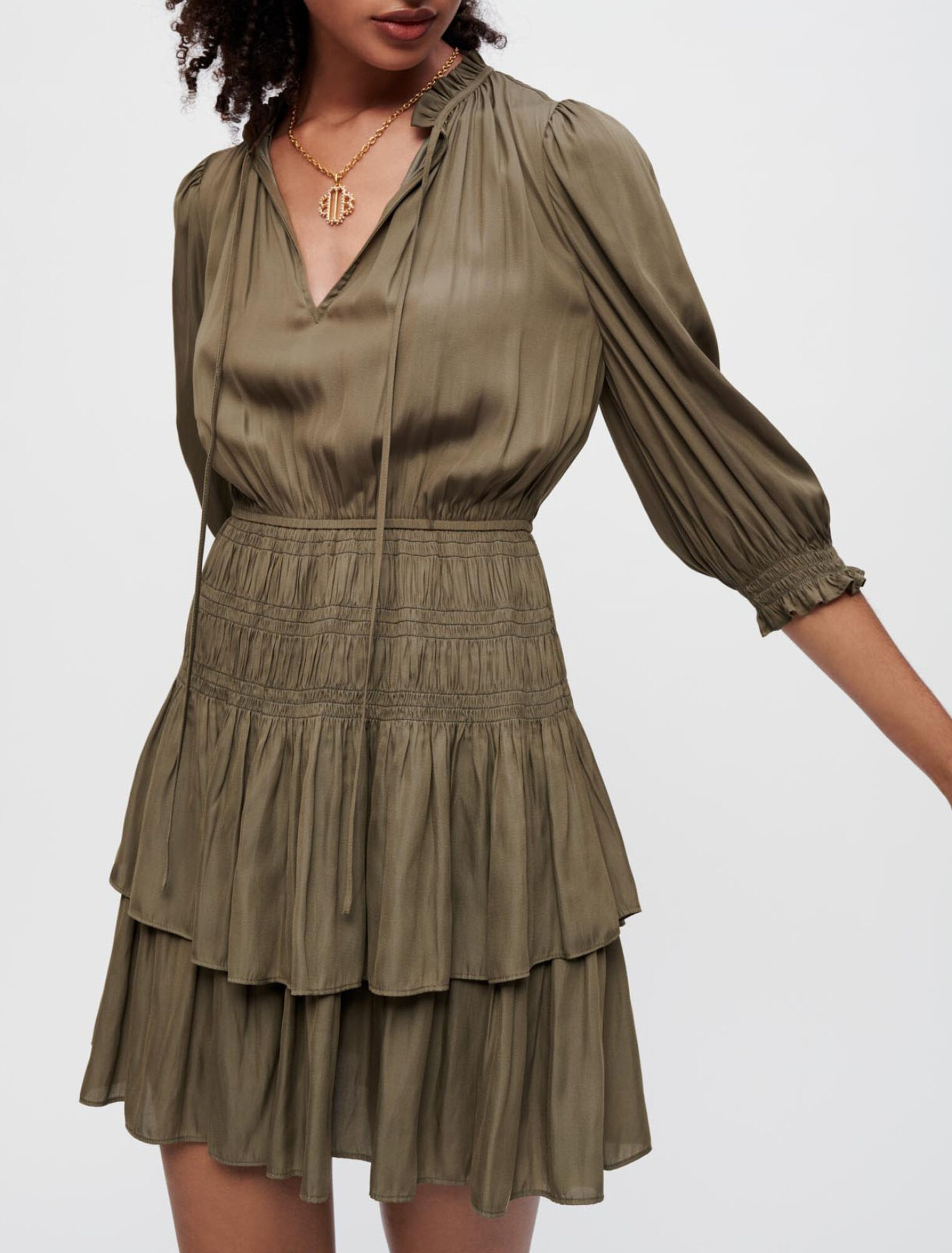 Satin dress with smocking and ruffles