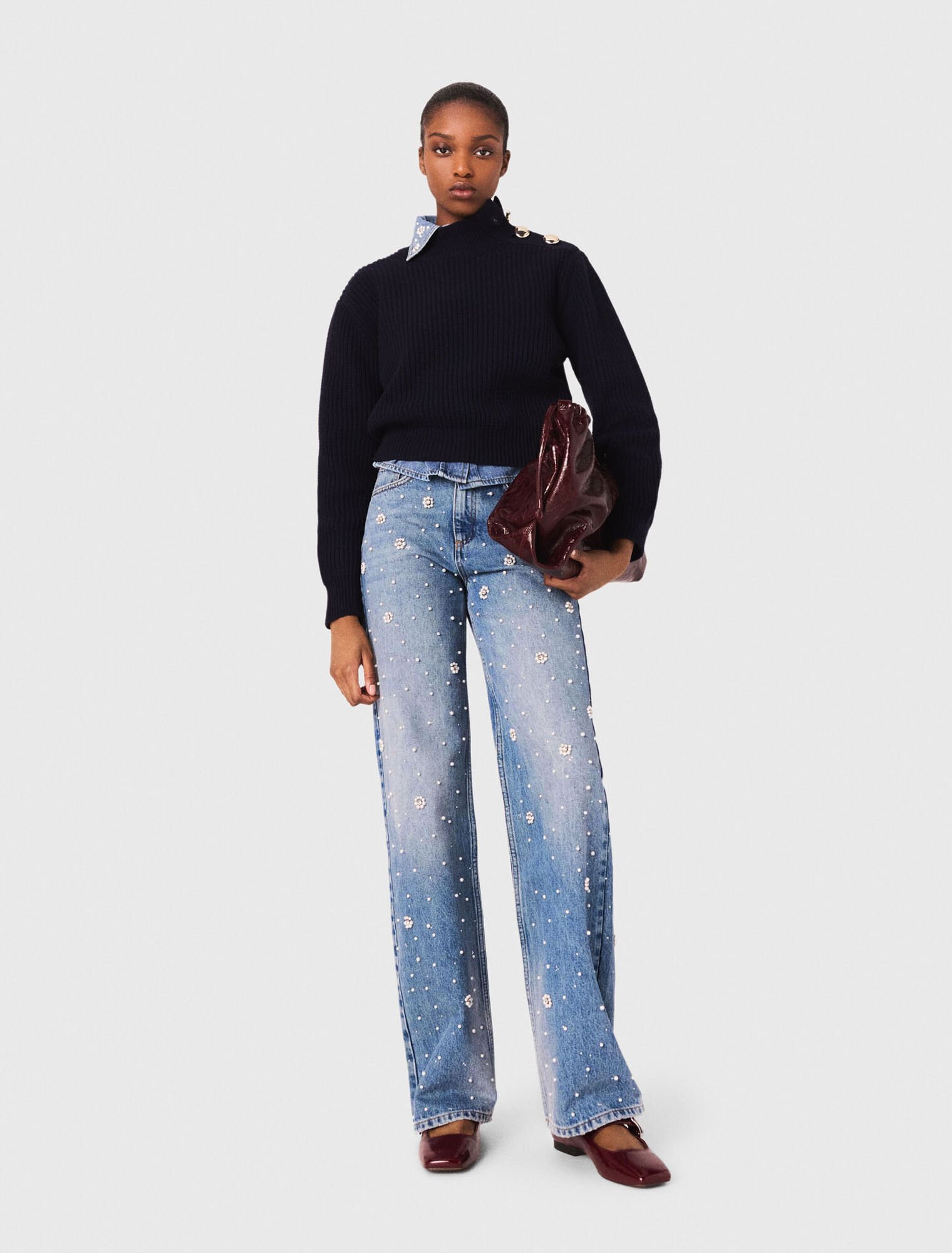 Wide-leg embroidered jeans