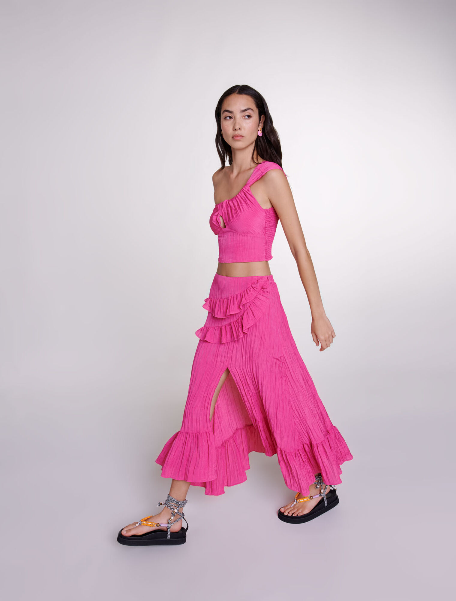Long satin-effect crinkle skirt