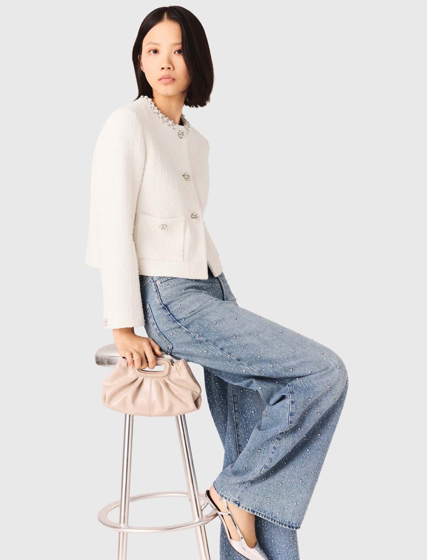 Pearl-trimmed tweed jacket White For Women | Maje