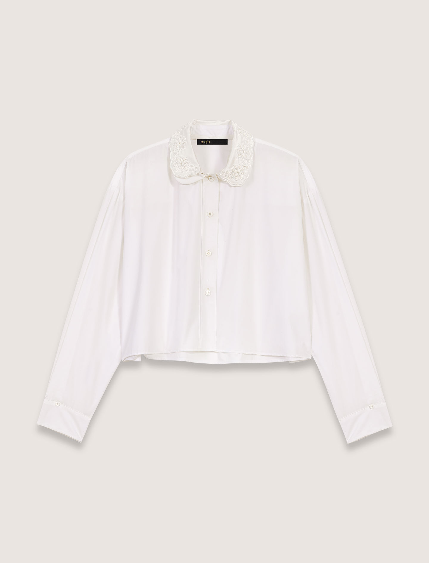 ☆SEVENTEEN☆関税込★LECYTO★OPEN COLLAR CLOVER LACE SHIRTS Short shirt with embroidered collar White For Women | Maje