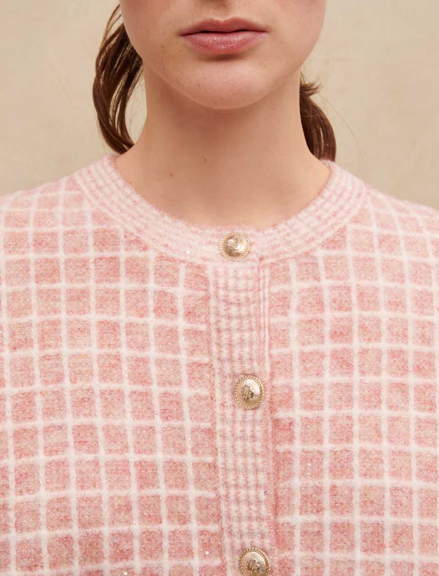 Tweed-style knit cardigan Pink For Women | Maje