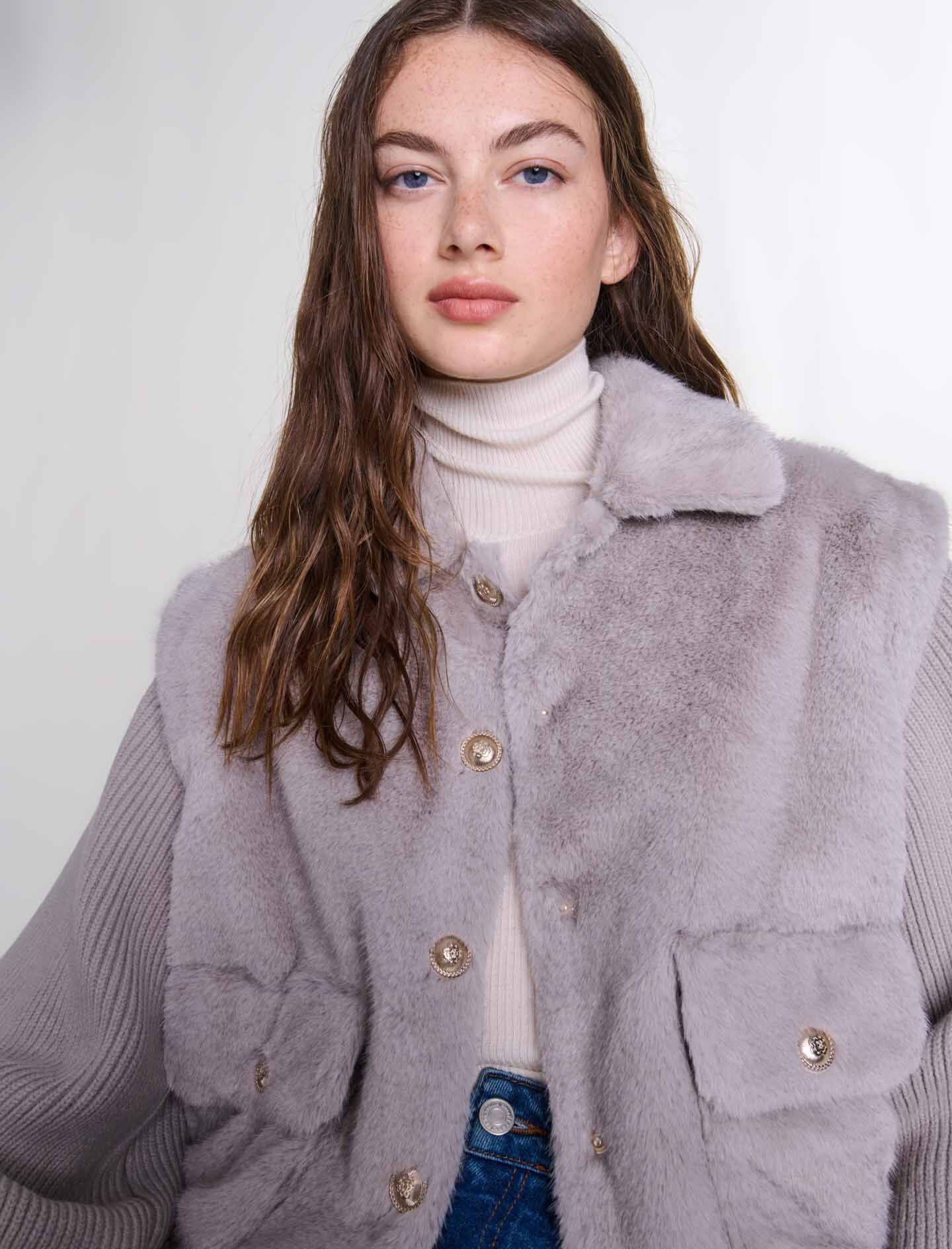 Dual-material faux fur jacket Black / Gray For Women | Maje Dual-material faux fur jacket Black / Gray For Women | Maje