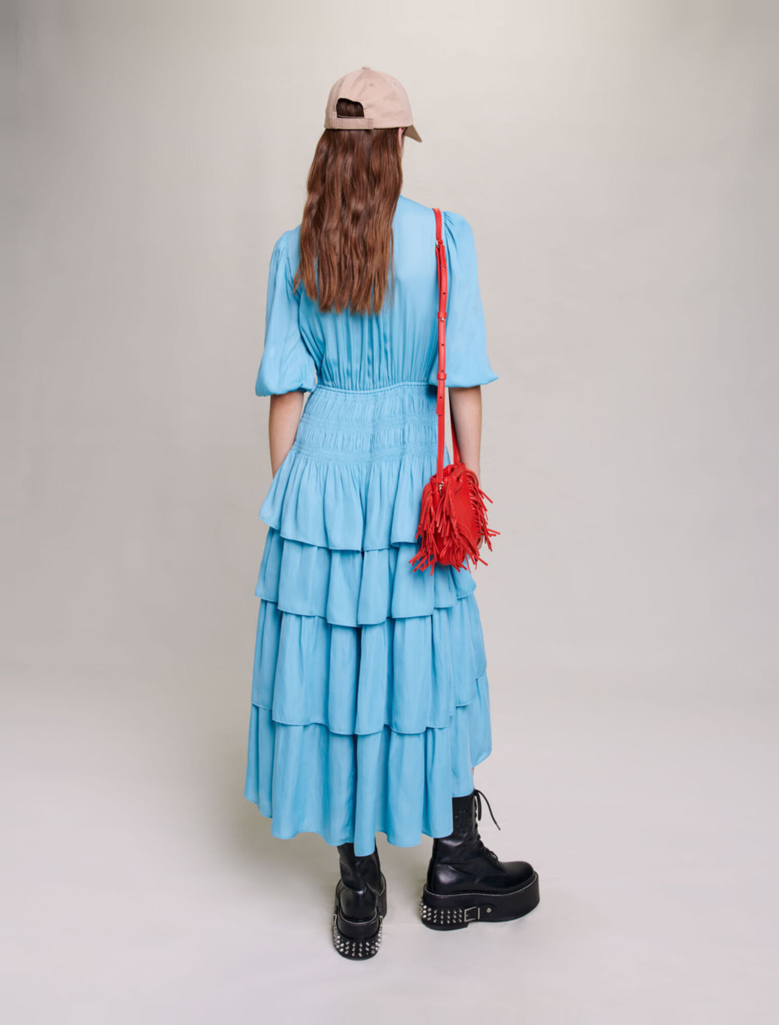 Long satiny dress with ruffles