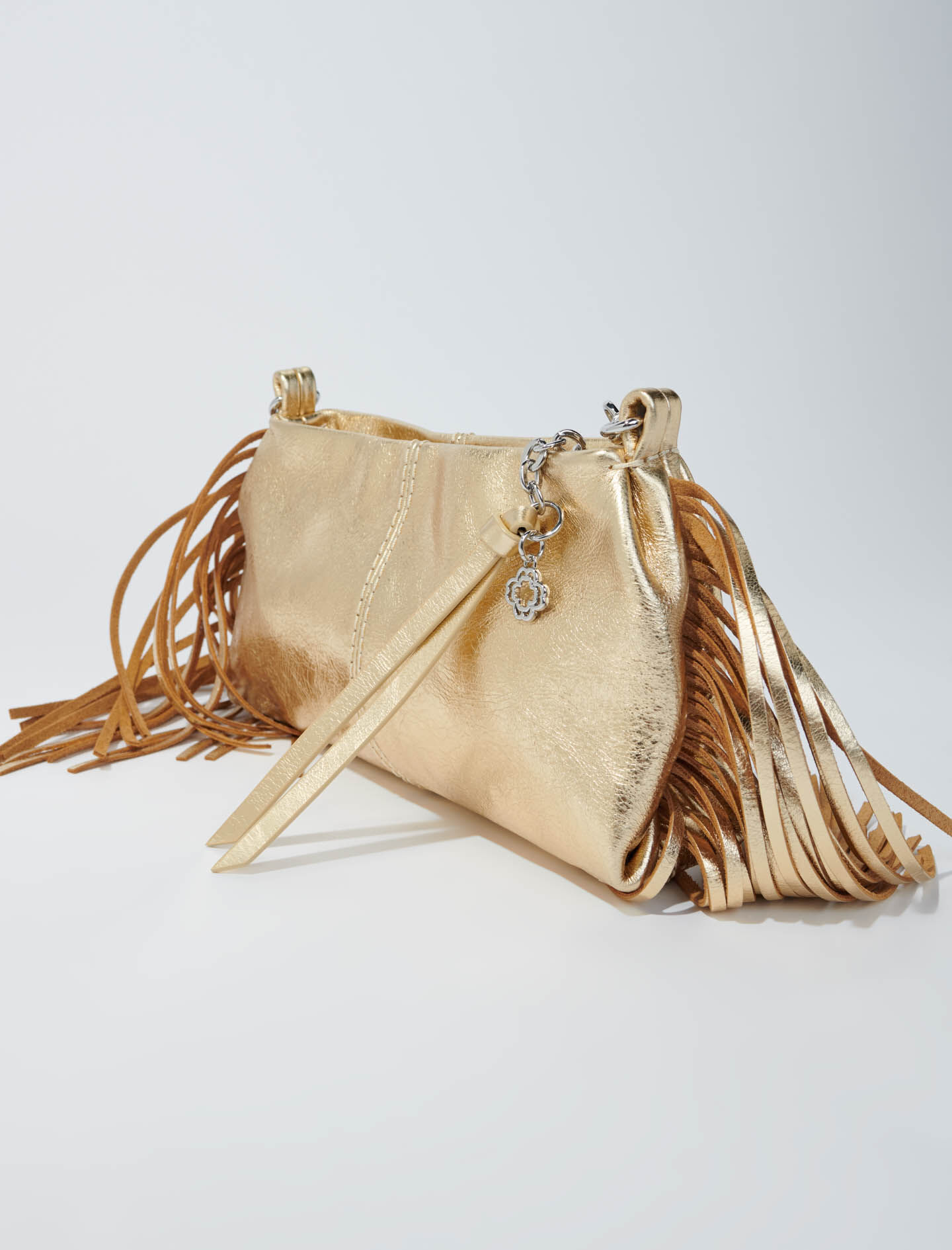 【MAJE】MISS M フリンジ メタリックレザー ゴールド Metallic leather Miss M clutch bag Denim - Jeans For Women