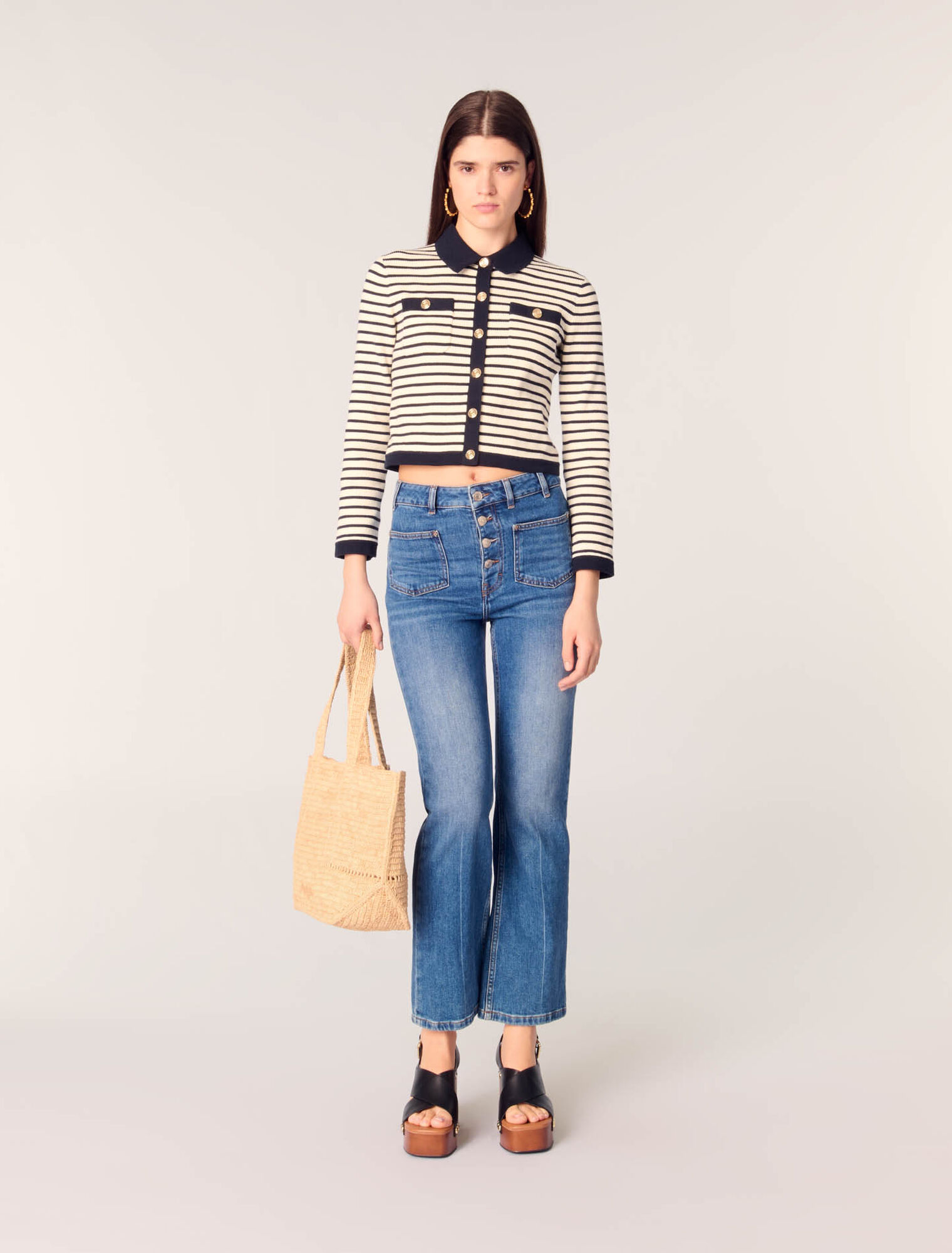 Cropped rib knit cardigan