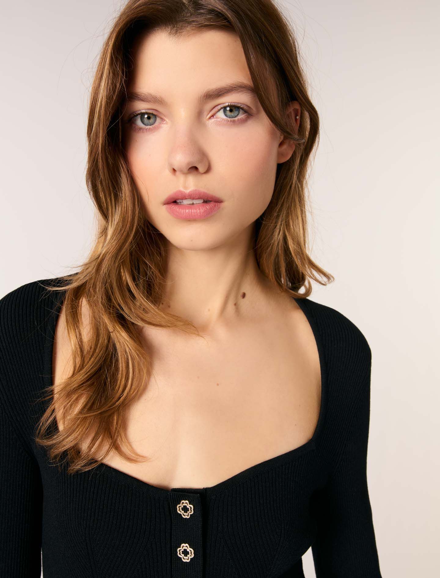 Low-neck rib knit sweater Black / Gray For Women | Maje