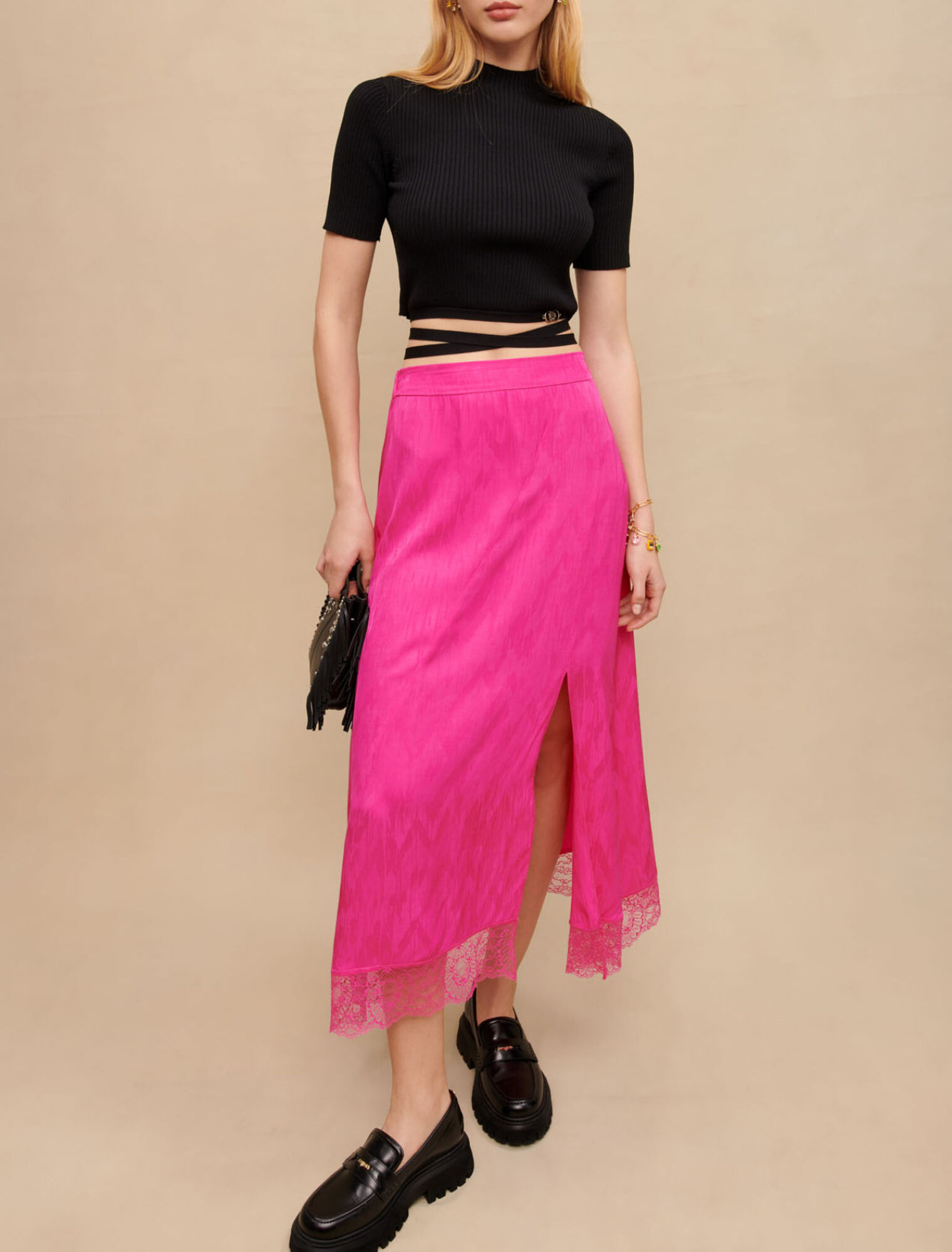 Satiny jacquard long slit skirt